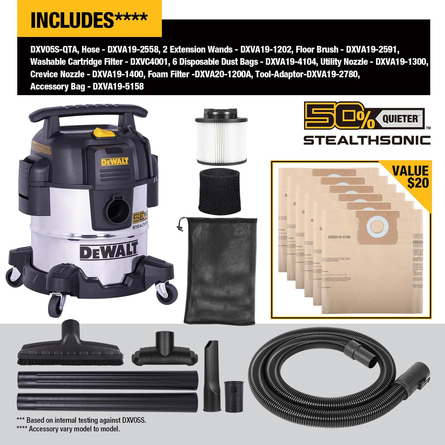 DEWALT 5 Gal Stealthsonic Shop Vacuum Wet and Dry, Ultra-Quiet Stainless Steel Shop Vac, 4 HP Heavy-Duty Vacuum Cleaner with Complete Accessory Kit and 6 Dust Bages for Home, Workshop, Garage, Car