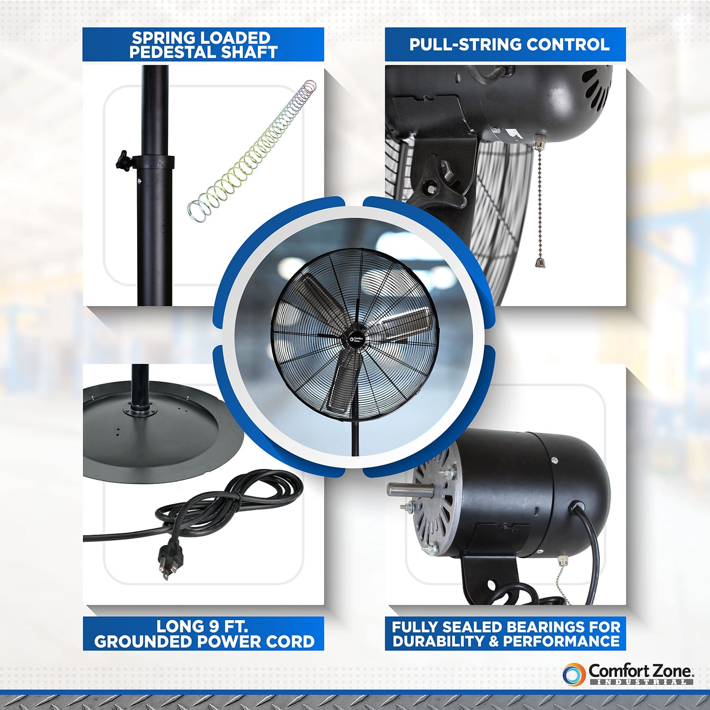 Comfort Zone Industrial Pedestal Fan, 30 inch, 3 Speed, High Velocity, Adjustable Height 56” to 76”, Metal, Meets OSHA Standards, Airflow 36 ft/sec, Ideal for Garage, Workshop or Warehouse, CZHVP30