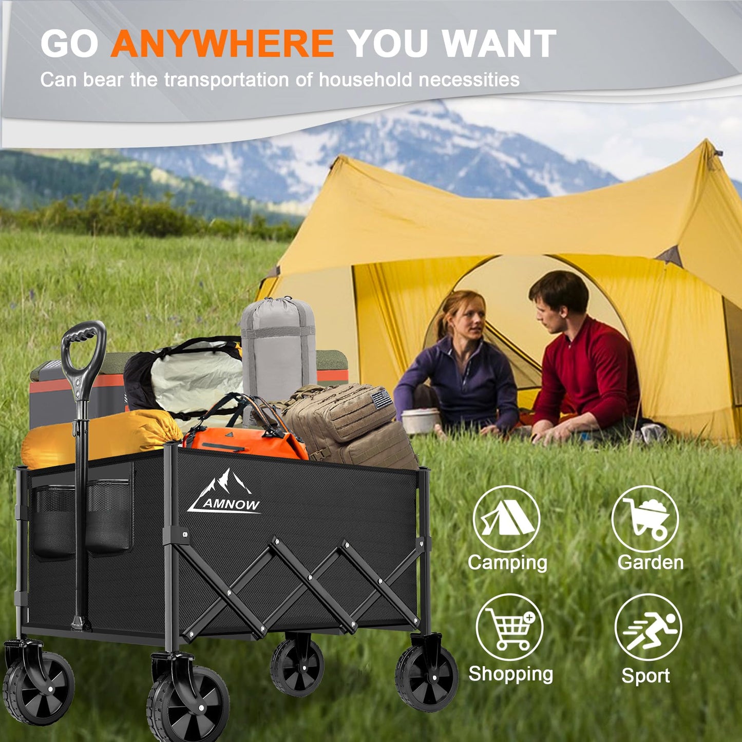 Collapsible Folding Wagon Cart, 350LBS Utility Large Capacity Cart Foldable Wagon with All Terrain Wheels, Grocery Wagons Carts for Garden Shopping Sports Camping, Black