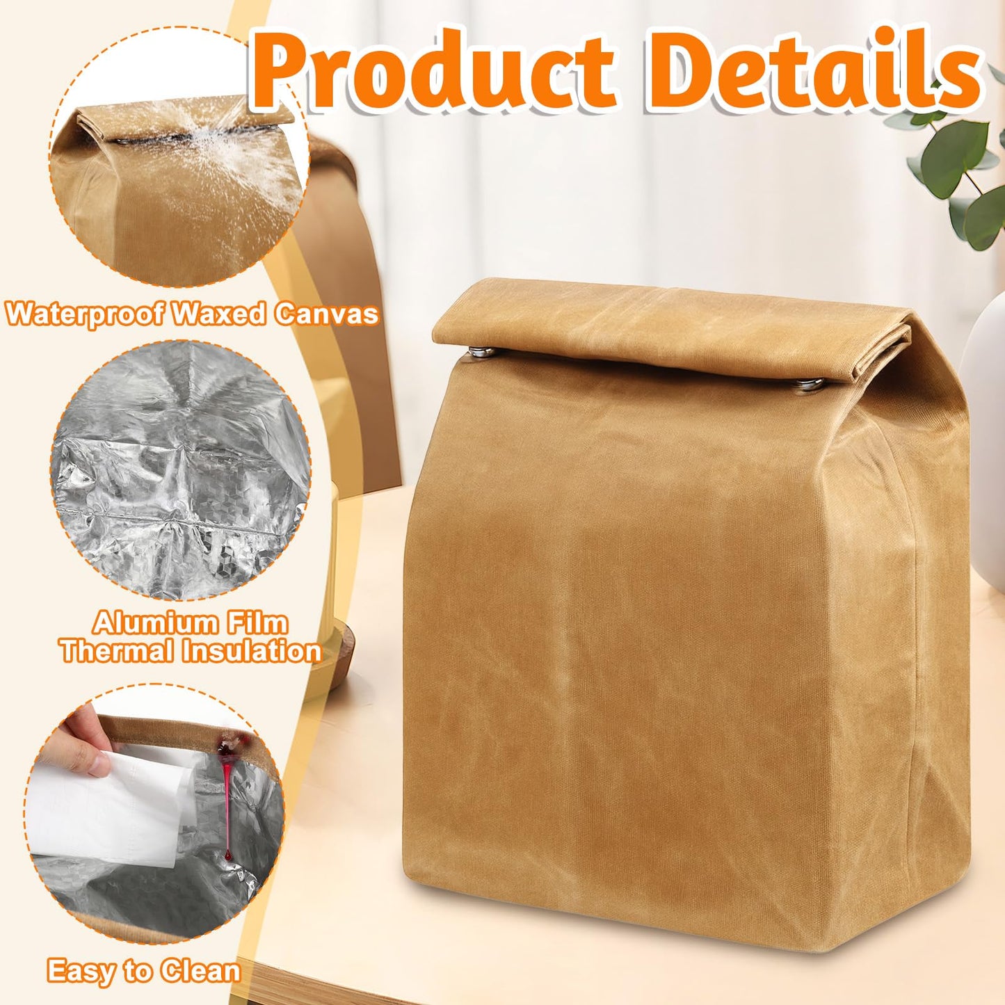 Alrhso Waxed Canvas Lunch Bag Brown Paper Lunch Bag for Men Women Lunchbox Reusable Lunch-Sacks Styled Lunchbag for Work, Office, Picnic