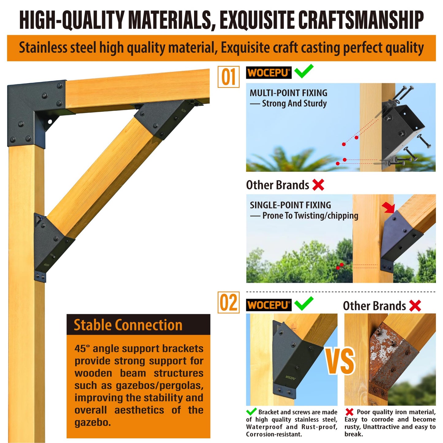 Wocepu 8pack 4x4 (Actual 3.5''x3.5'') Degree Angle Support Brackets, for Pergola, Gazebo, Deck Wood Frame Structures Provide Support 45° Degree Angle Bracket