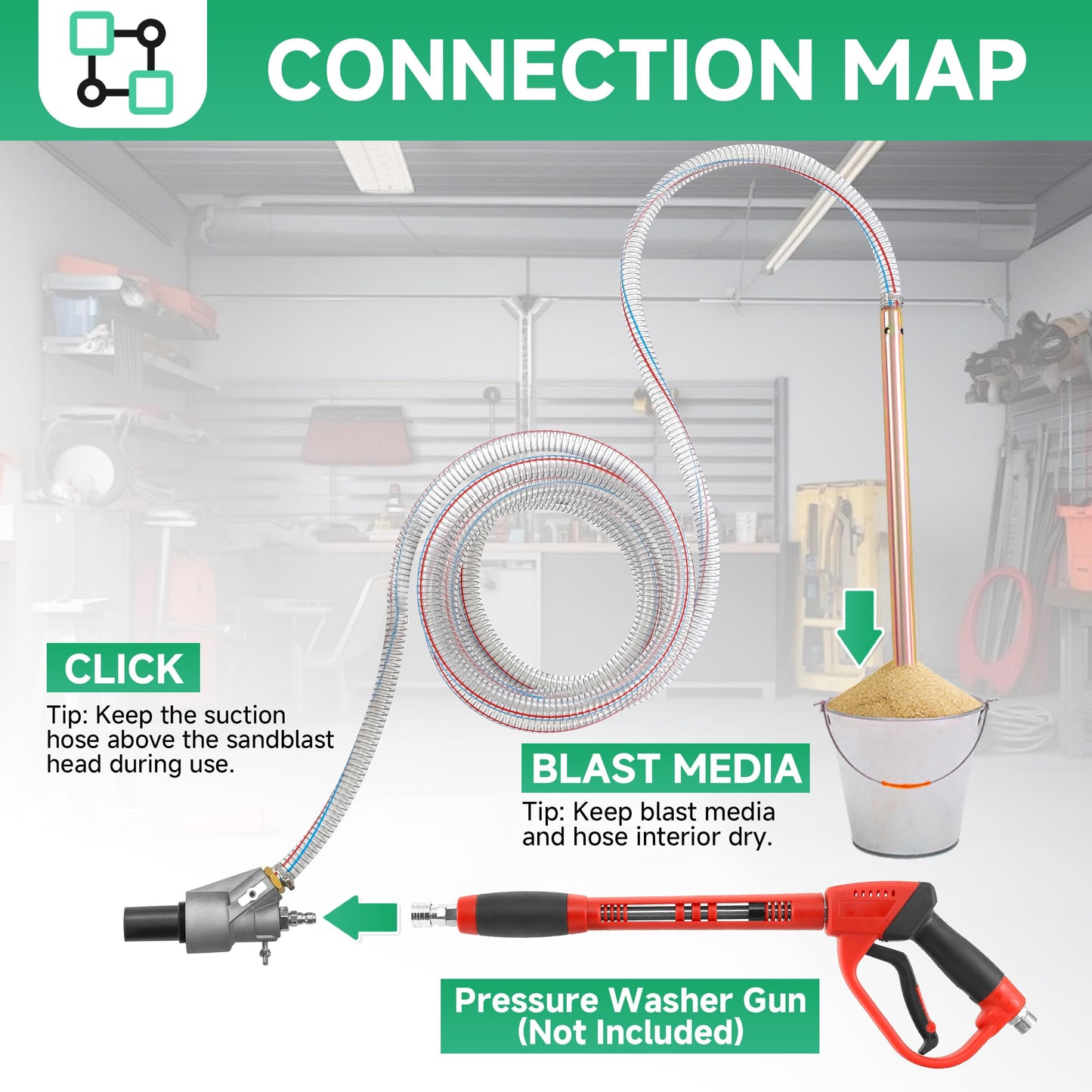 Tool Daily Pressure Washer Sandblasting Kit, Wet Sand Blaster for Pressure Washer with 18 FT Suction Hose, 1/4” Quick Connect, 5000 PSI
