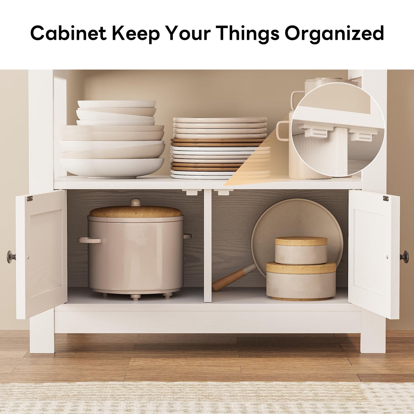 LIKIMIO Baker Rack with Spill-Safe Power Outlet & Drawer, Coffee Bar Cabinet with Storage, Farmhouse Microwave Stand with Hutch and 5 Hooks for Kitchen, White