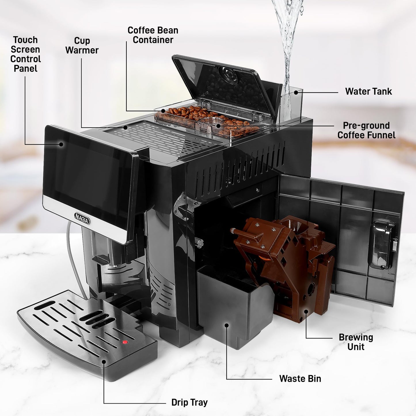 Zulay Magia Super Automatic Espresso Maker Machine with Grinder - 19 Fully Customizable Coffee Options, Auto Cleaning, Milk Foam System - for Latte, Cappuccino- Prime - Silver (13.8x18x9.4)
