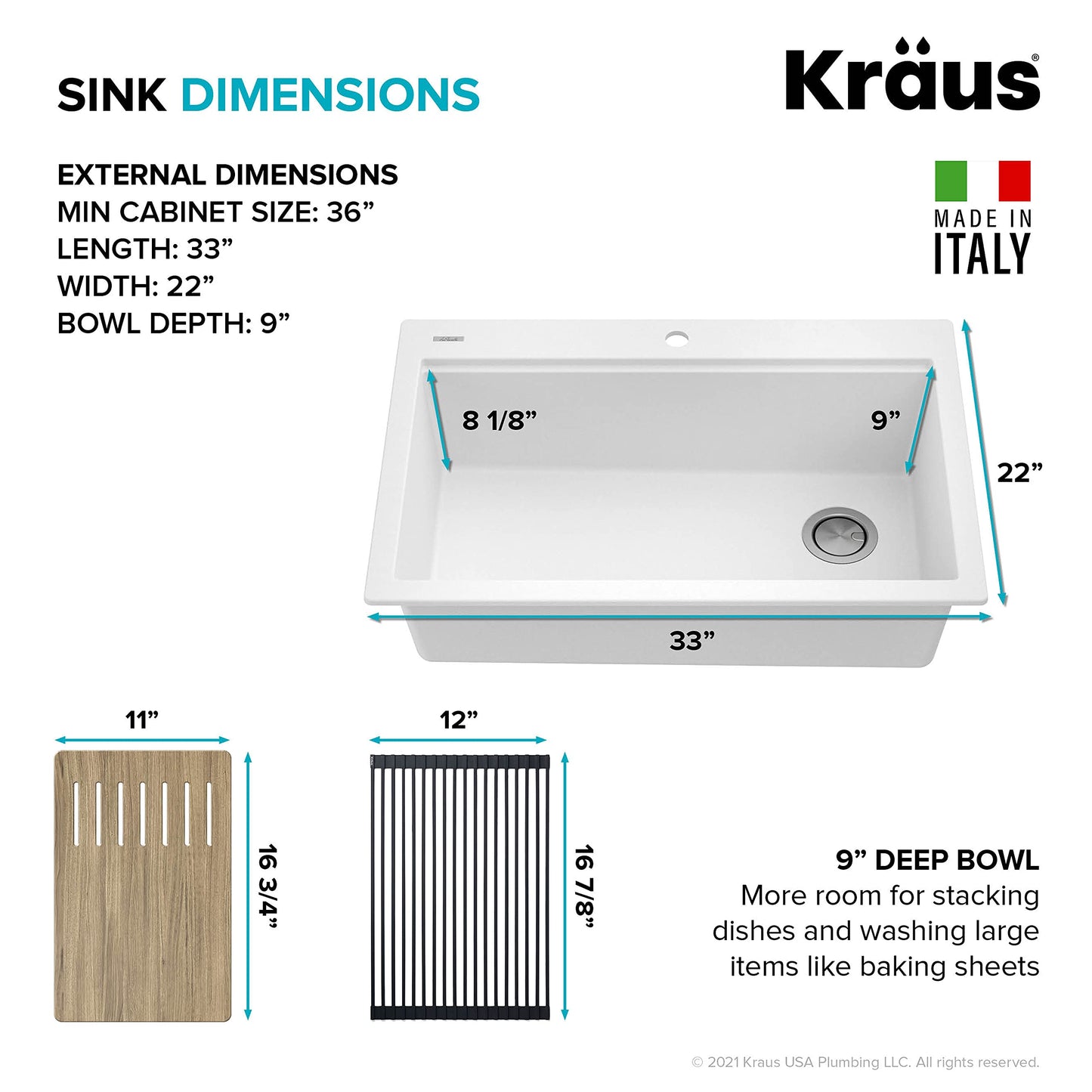 KRAUS Bellucci Workstation 33 in. Drop In Single Bowl Granite Kitchen Sink in White with Accessories, KGTW1-33WH