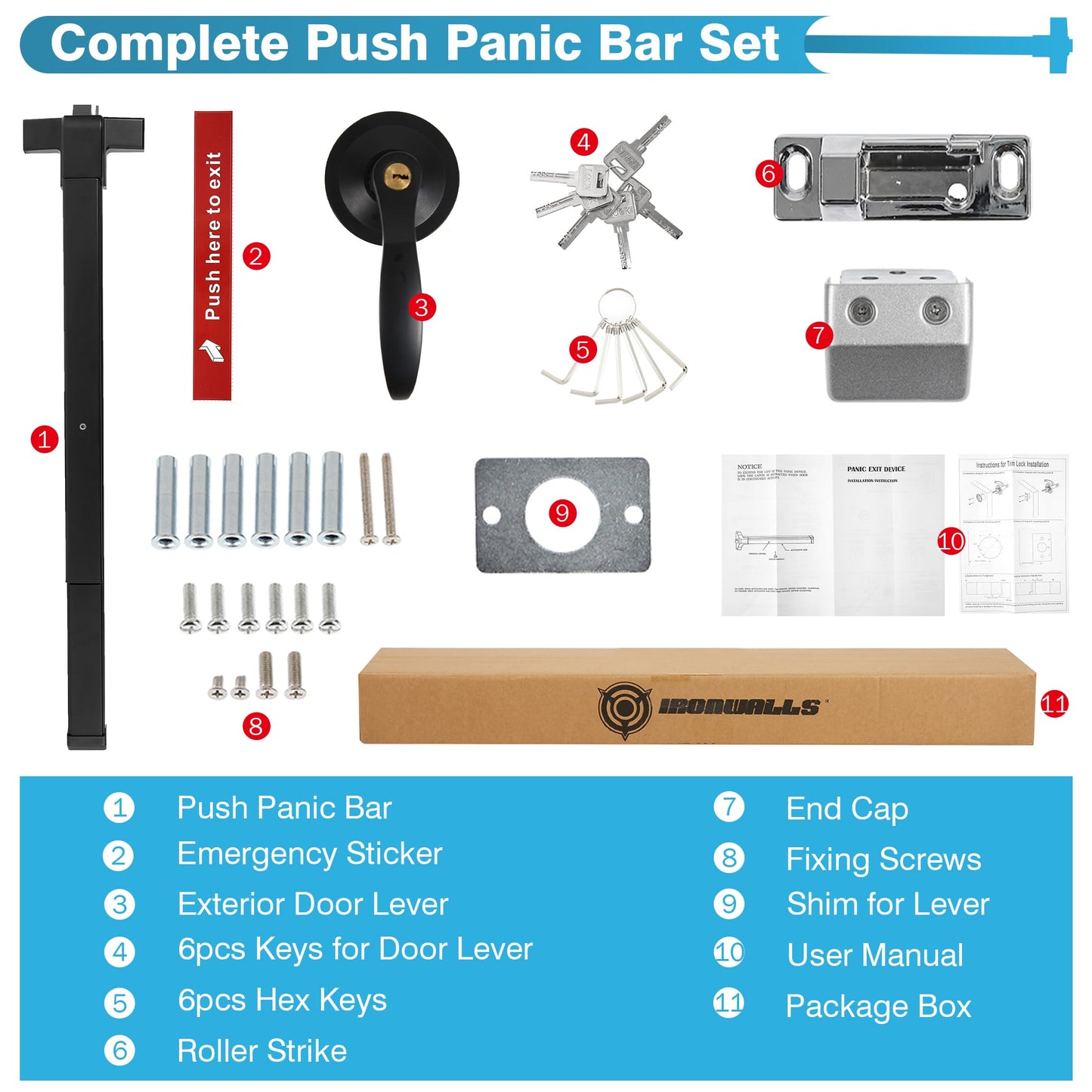 IRONWALLS Door Push Bar Panic Exit Device Stainless Steel with Handle Lever, Black 32” Commercial Push Panic Bars for Emergency Exit Doors, Heavy Duty Panic Hardware for 32”-47” Wooden/Metal Door