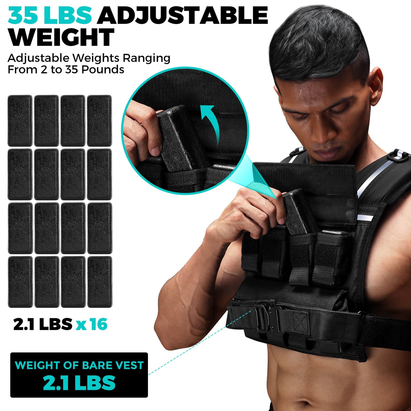 35lb/45lb Weighted Vest Men , Adjustable Rucking Vests for Walking with Reflective Stripe, 1.2" Ultra Thick Shoulder Padding Strength Training Workout Vest for Running GYM Home, Detachable Iron Weights