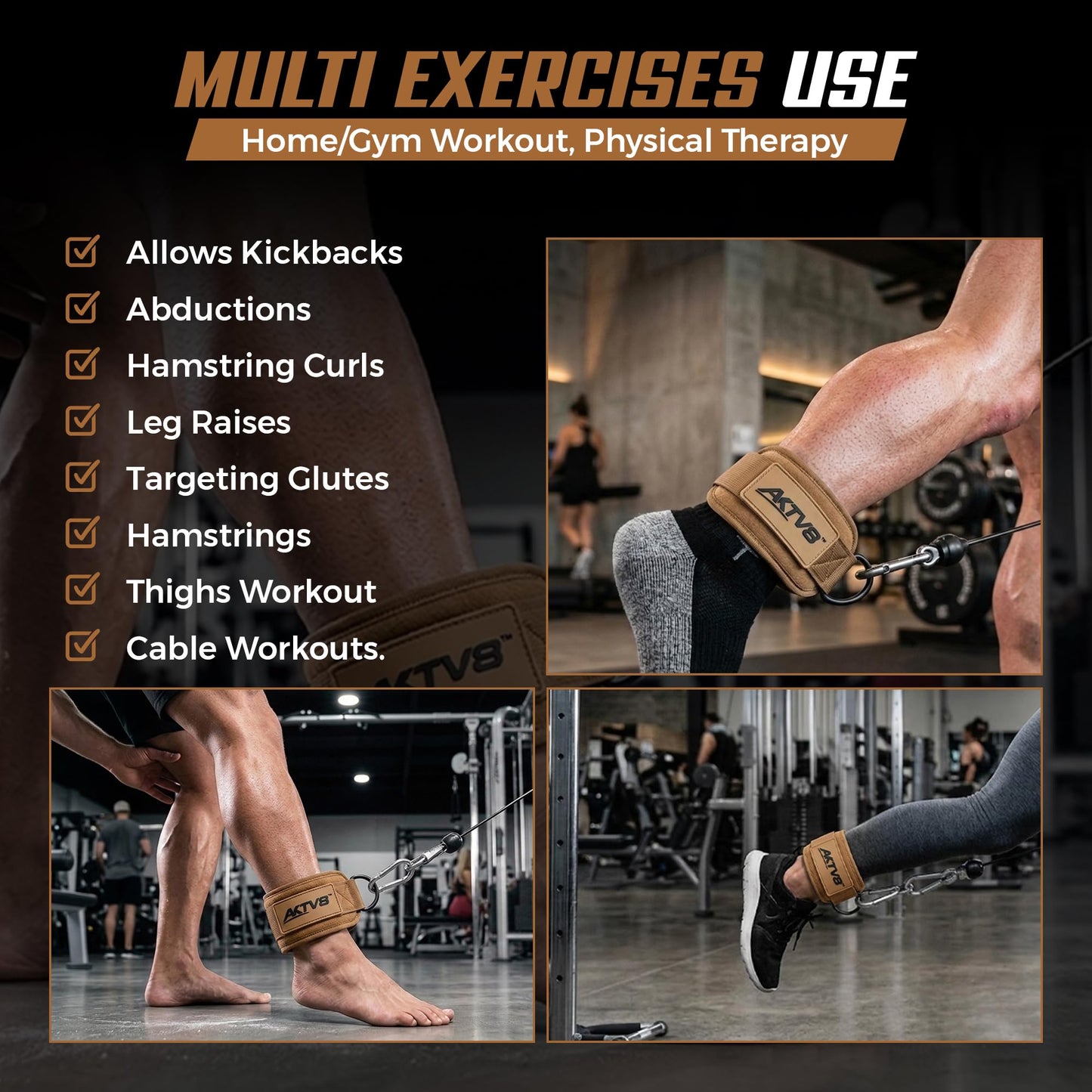 AKTV8 Ankle Straps for Cable Machine – 9mm Padded Neoprene Ankle Cuffs with Heavy Duty Dual D-Rings for Secure Glute Kickbacks, Hip Abductions, Cable Leg Curls & Lower Body Workouts (Brown, Single)