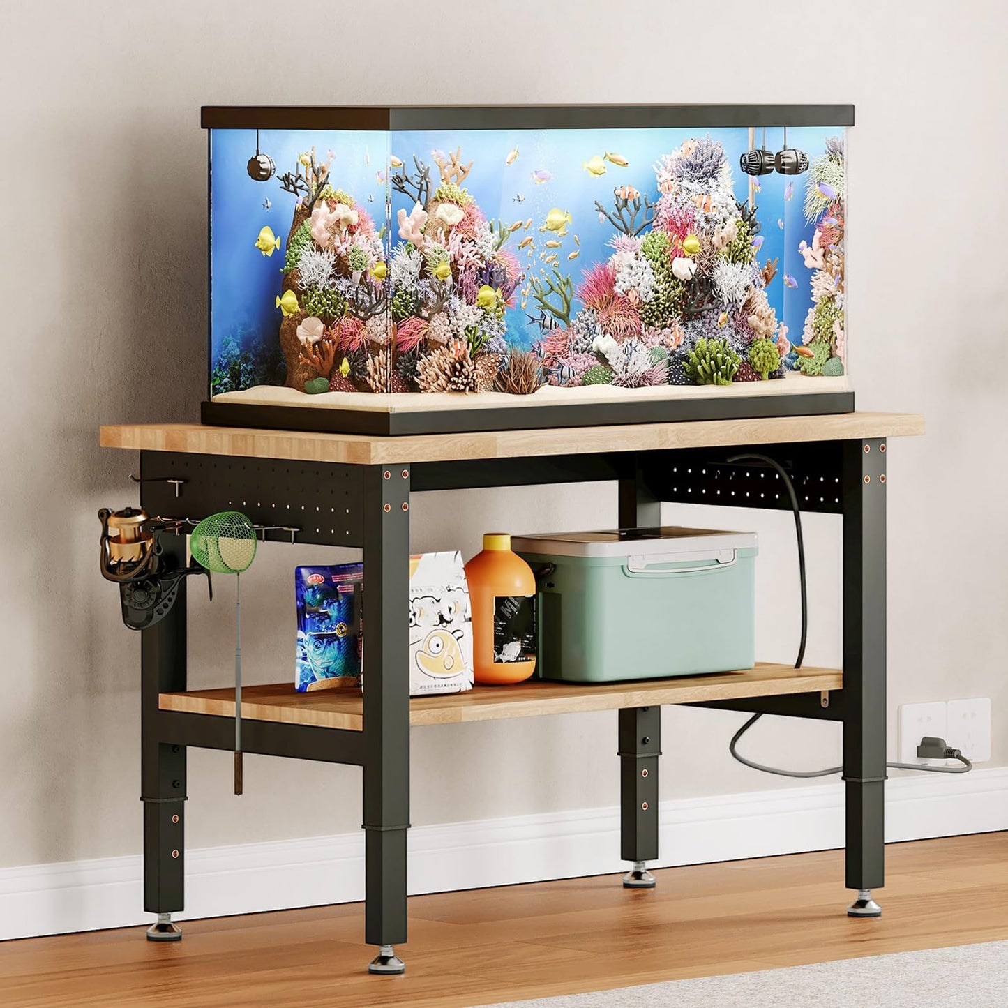 SPECRAFT 48"x20" 2-Tier Adjustable Workbench with 4 AC Outlet and 2 USB Ports Power Outlets, 2500 Lbs Capacity Heavy Duty Workbench, Rubber Wood Top for Garage, Workshop, Office