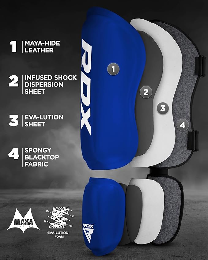 RDX Shin Guards Kickboxing Muay Thai, SATRA SMMAF Approved, Premium Maya Hide Leather, Leg Instep Protection Pads, MMA Martial Arts Kicking Sparring Training Gear, BJJ Karate Boxing Taekwondo, Black