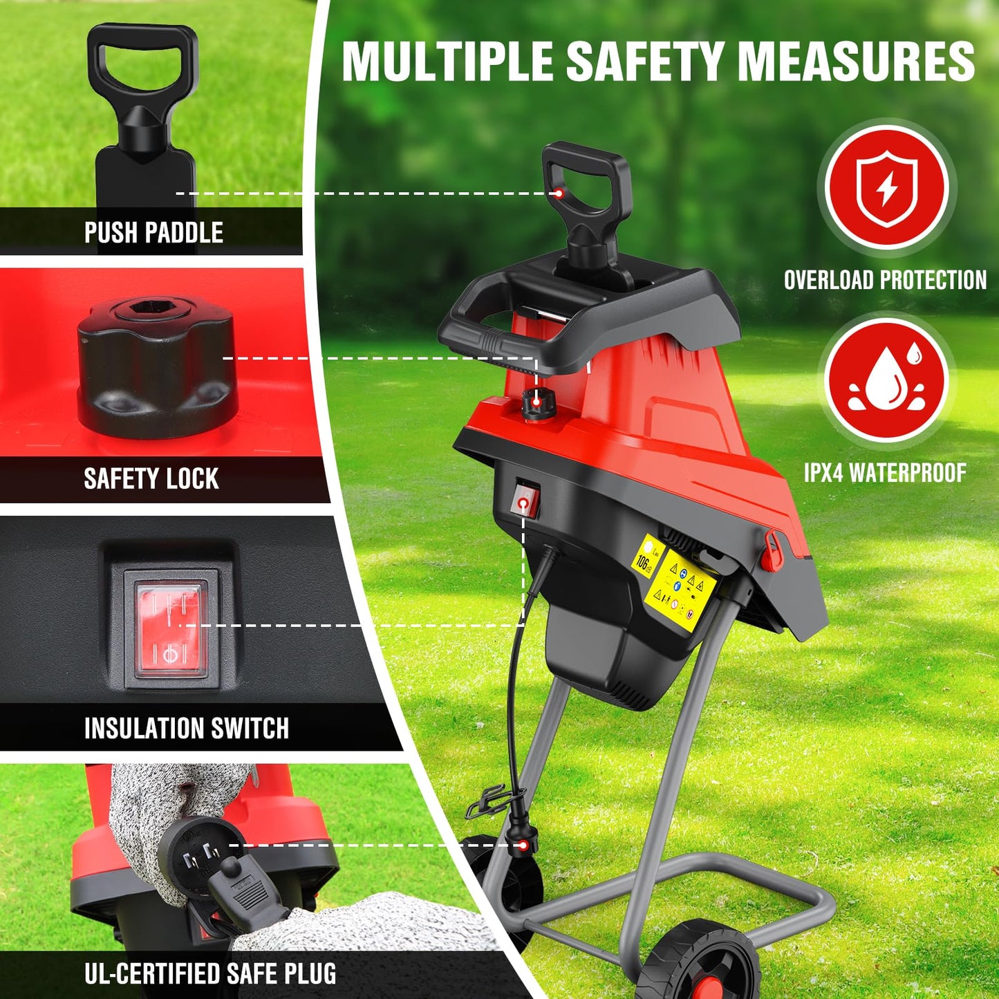 EWORK 15-Amp Electric Wood Chipper Shredder, 15:1 High Reduction Ratio with 4 Steel Blades Included, 1.77 Inch Capacity, Garden Mulcher for Composting Branches and Twigs