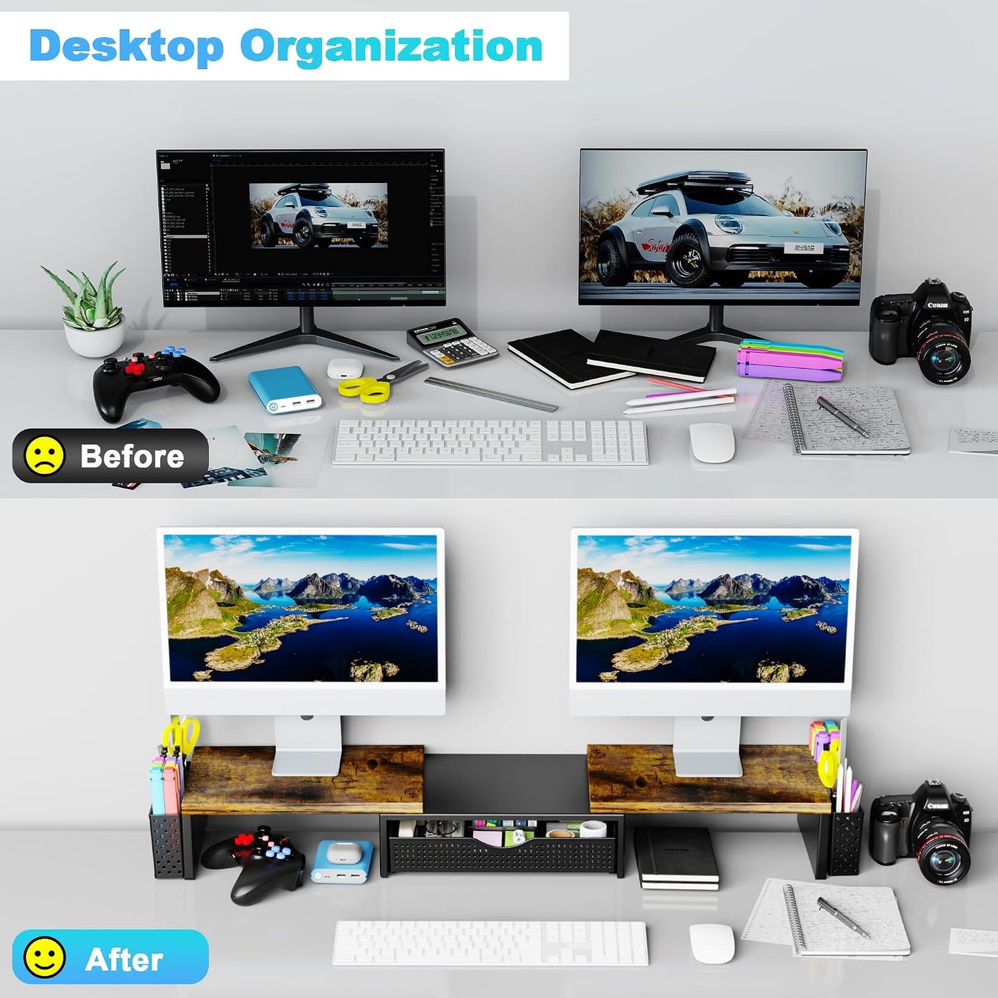 2 Spacrea Metal Desk Organizers and Accessories, Dual Monitor Stand Riser with Drawer and Pen Holders, Desk Accessories