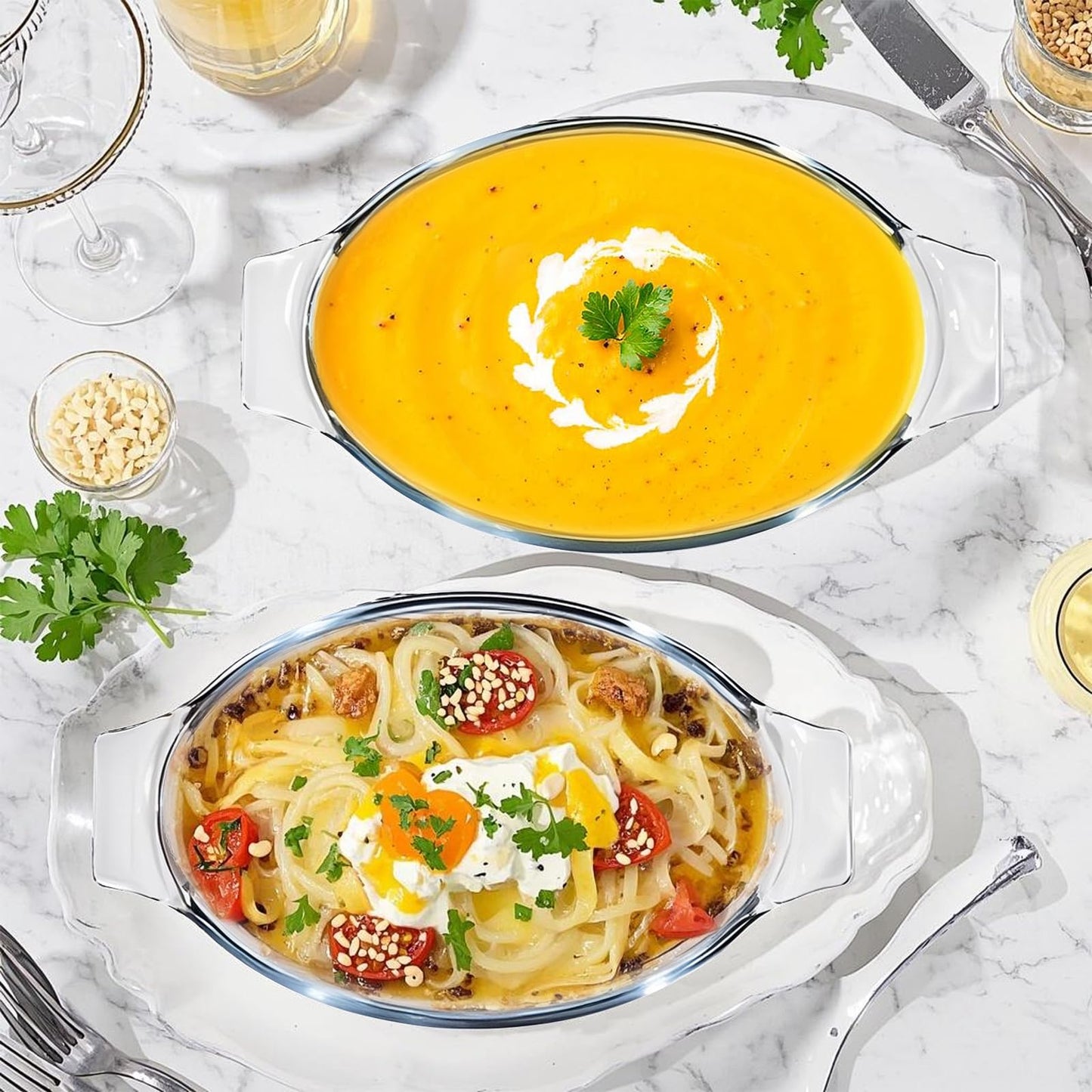 Small Casserole Dishes Oval 2 Pack, 23oz Glass Au Gratin Baking Dish, Individual Oval Baking Pan for Oven Microwave Air Fryer, 1 or 2 Person Servings, Bakeware Clear Prep Bowls with Handle