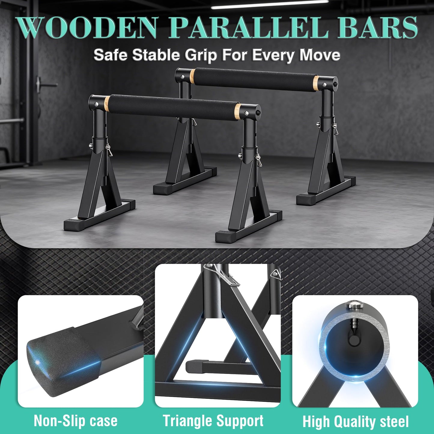 10-14'' Wooden Parallel Bar and Dip Bar with Adjustable Height and Non-Slip Handles, Rock-Free Fitness Equipment for Handstands, L-Sits, Gymnastics and Strength Training for Home Gym, 600lbs Capacity