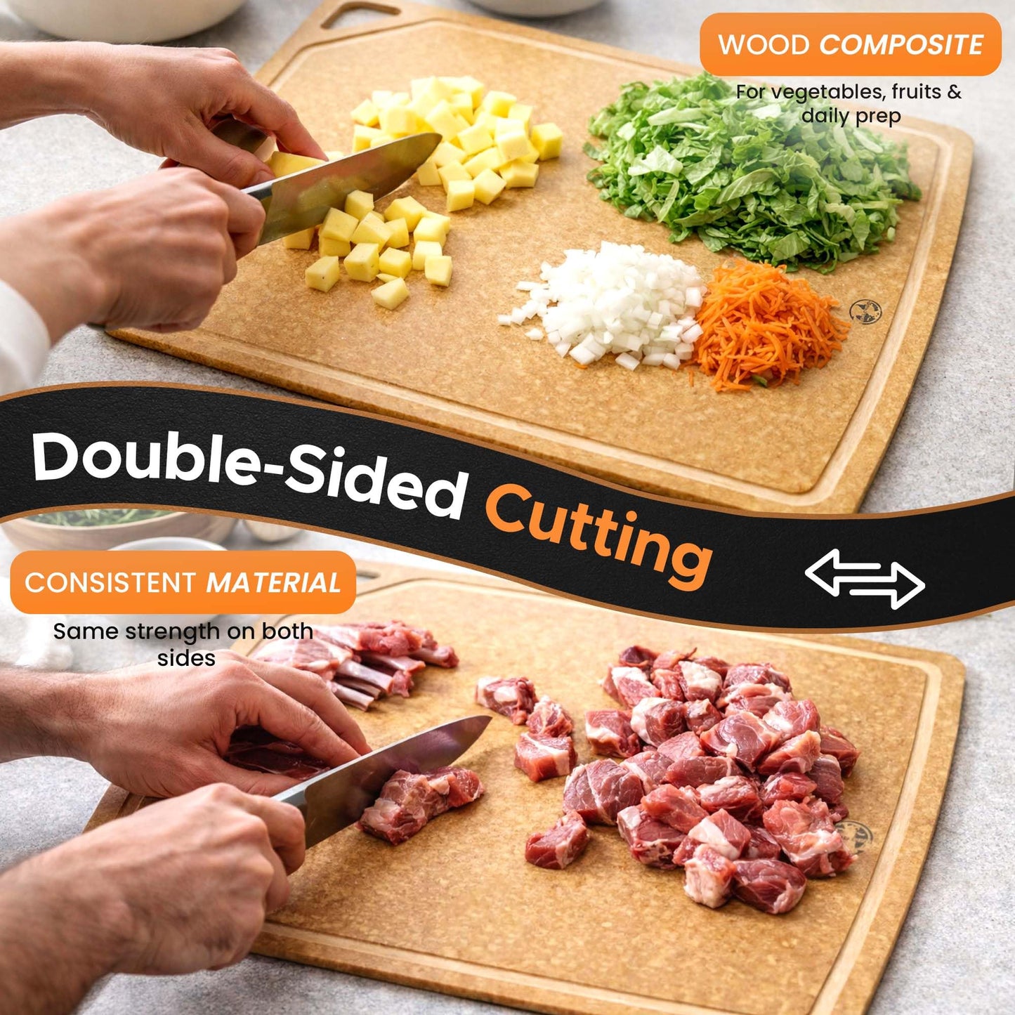 Composite Wood Cutting Board Set of 3 – Dishwasher Safe, Non-Toxic & Plastic-Free Cutting Boards for Kitchen – Large, Medium & Small Non-Slip Wood Charcuterie & Chopping Boards (Tan/Juice)