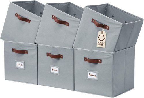 DECOMOMO Storage Bins - Fabric Cube Storage Bins with Labels | 10.5" x 11" | Set of 6, Grey
