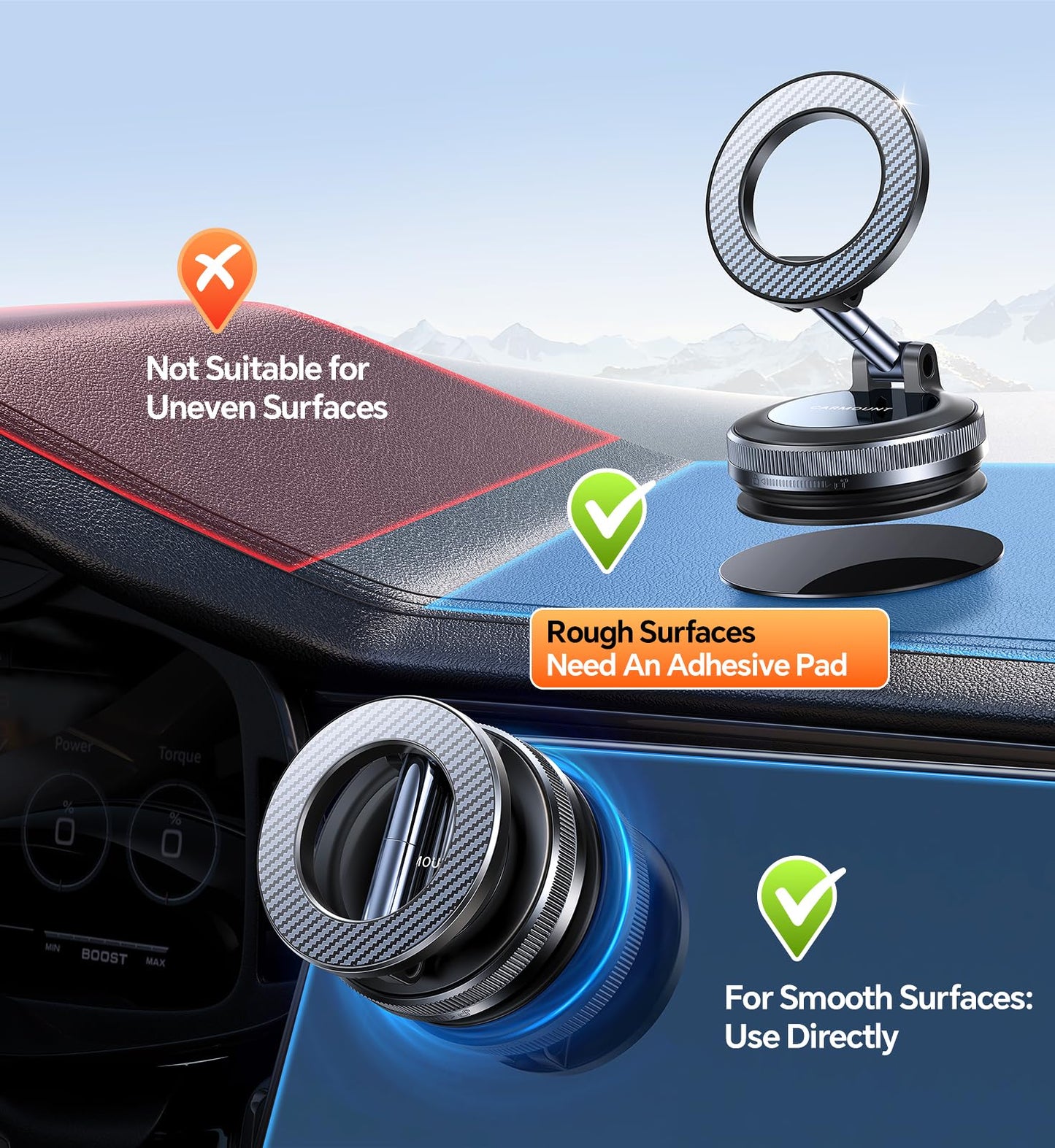Coolpow【Newest Vacuum Magnetic Phone Holder for Car Phone Holder Mount【Movable Vacuum Suction】Magsafe Car Mount Cell Phone Holders for Your Car Accessories for Women Men for iPhone 17 16(Carbon Fiber)