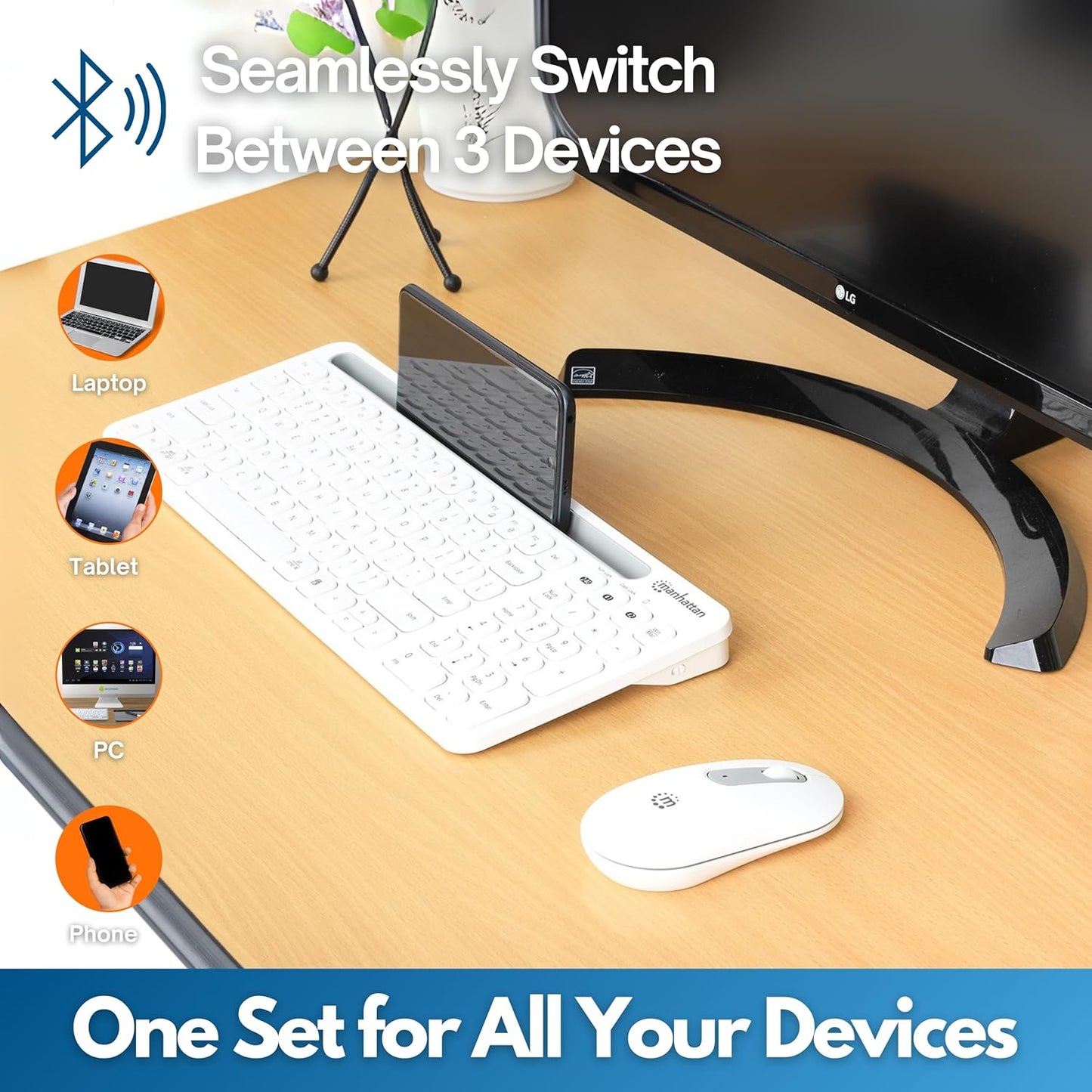 MANHATTAN Set 2.4 180580 Wireless Keyboard and Mouse Bluetooth & GHz for Multi-Device Switching Wireless Keyboard