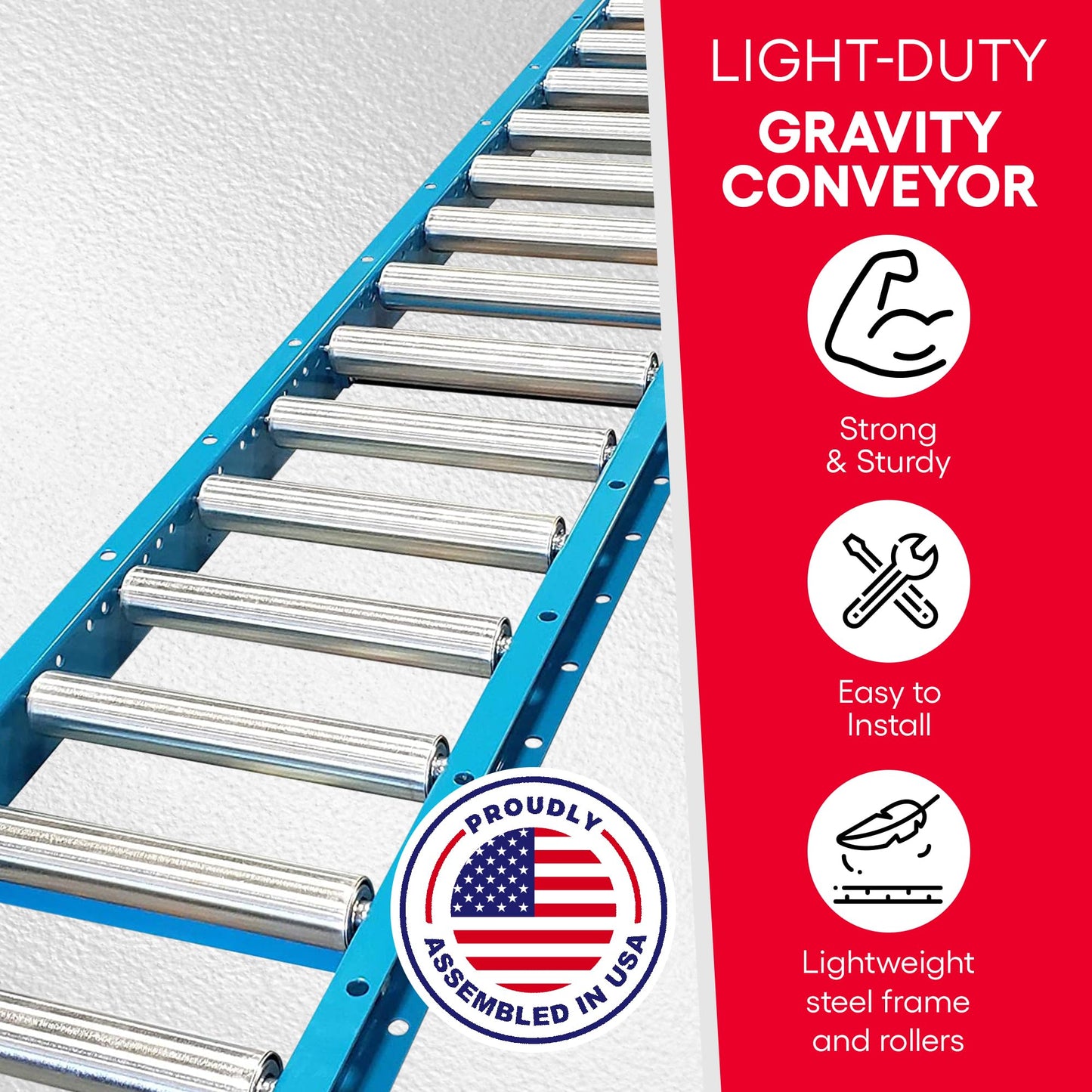 Ultimation Light-Duty Gravity Conveyor with 1.5" Diameter Galvanized Steel Rollers, 12" Wide by 5' Long Steel Frame & 4-1/2" Centers, Durability & Versatility in Warehouses, Factories, & DIY Projects