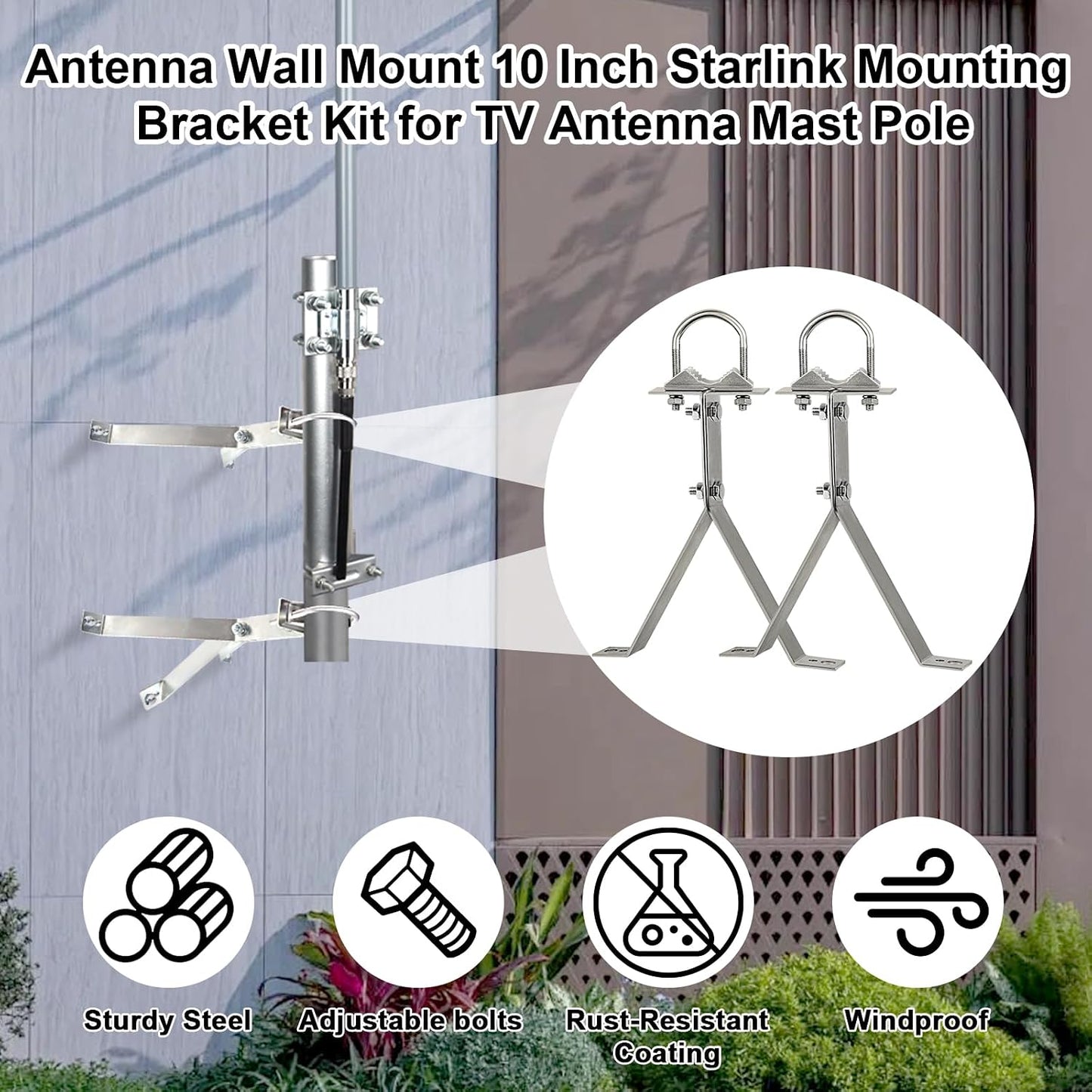 10 Inch (2-Leg 2-Leg) XRDS-RF Antenna Wall Mount Heavy-Duty Stand Off Wall Mast Mount Windproof Mounting Bracket for TV
