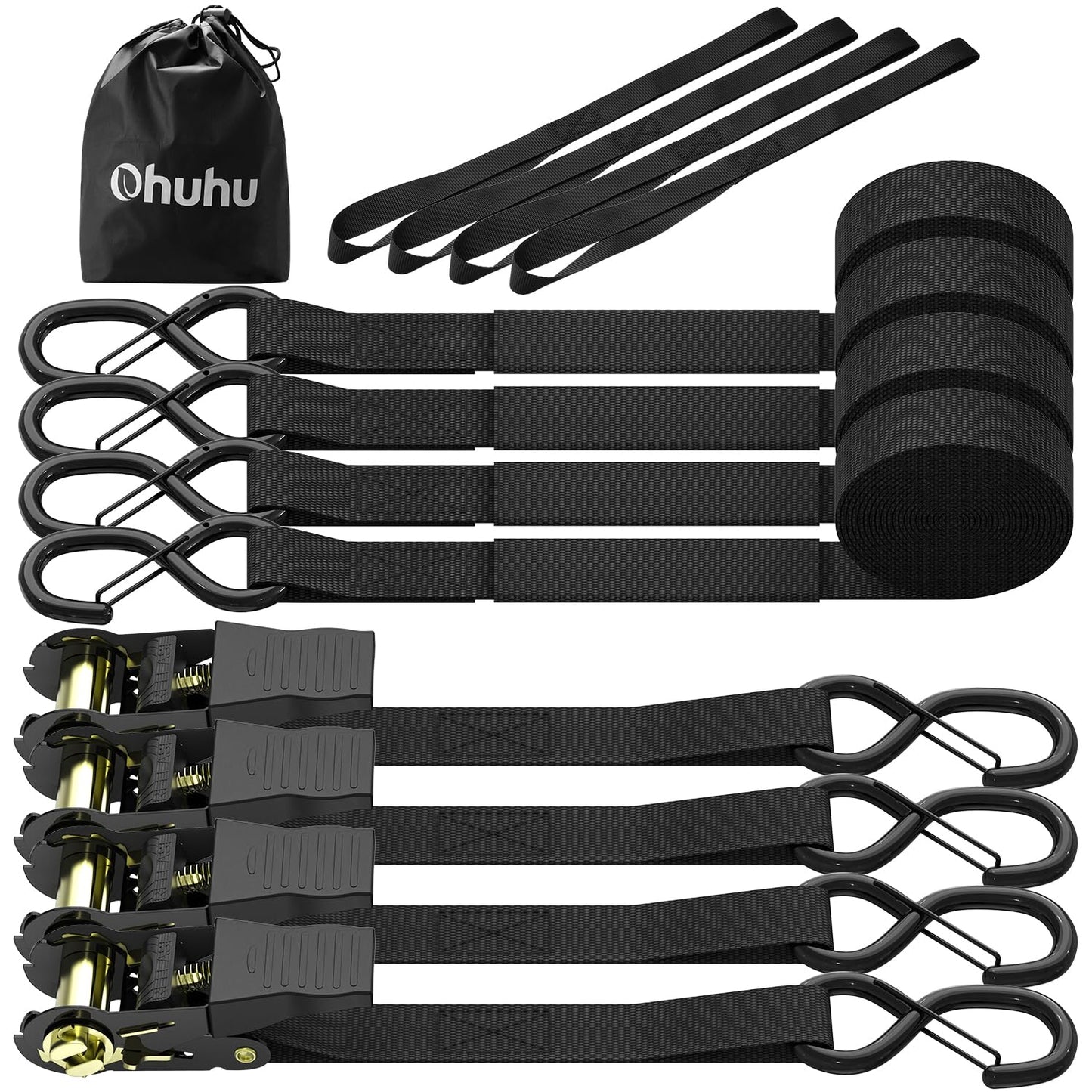Ratchet Tie Down Straps with Safety Clip 4-Pack 1" x 15' & 4 Soft Loops - 500 lbs Load Cap 1500 lbs Breaking Limit, Ohuhu Ratchet Tie Downs Logistic Cargo Straps for Moving Appliances, Motorcycle