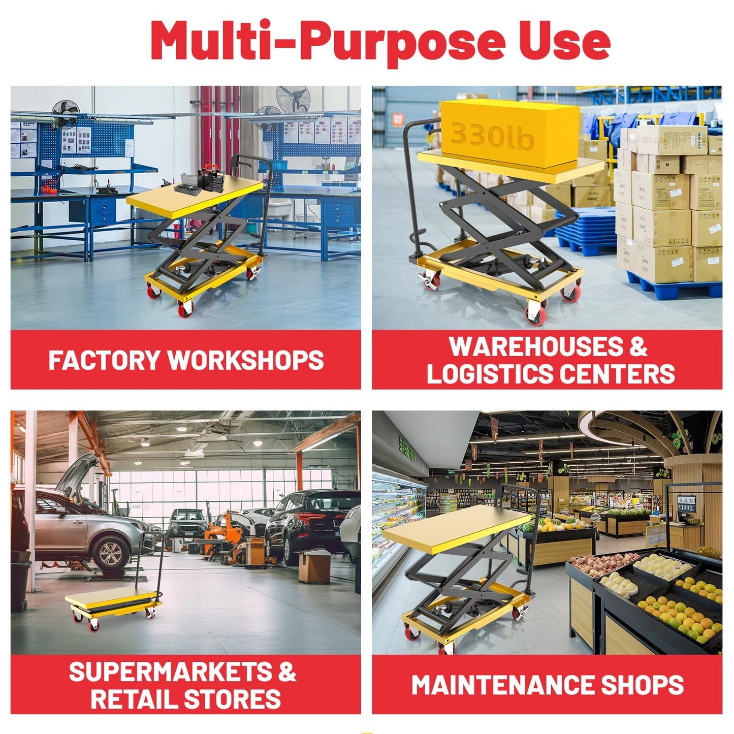 ZKH Hydraulic Lift Table Cart, 330lb Capacity Lift Cart, 49.6" Max Lifting Height, Single Scissors Lift Table with Locking Wheels and Overload Bar for Safe Operations