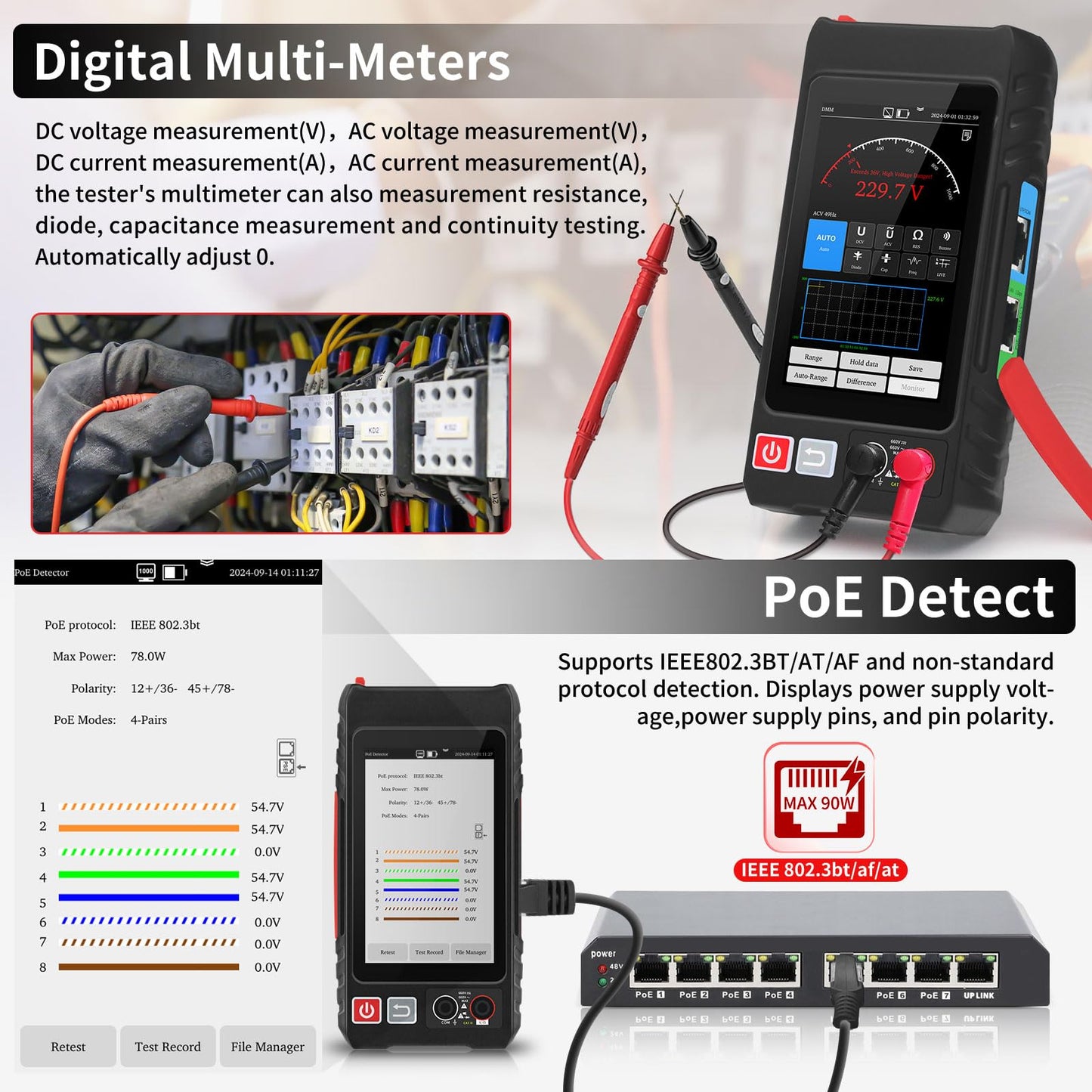 Multifunction RJ45 Network Caber Tester,Full Features UTP Cable Tester Cable Tracer,4" IPS Touch Screen Support TDR,DMM,OPM,POE++ Detect,Level Meter,Ethenet Network Tester,RJ45 TDR,Length,FTP(LT-600T)