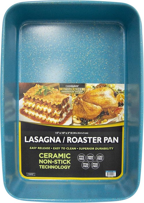 CasaWare 15" x 10" x 3" Ceramic Coated Non-Stick Lasagna & Roasting Pan - Blue Granite Finish