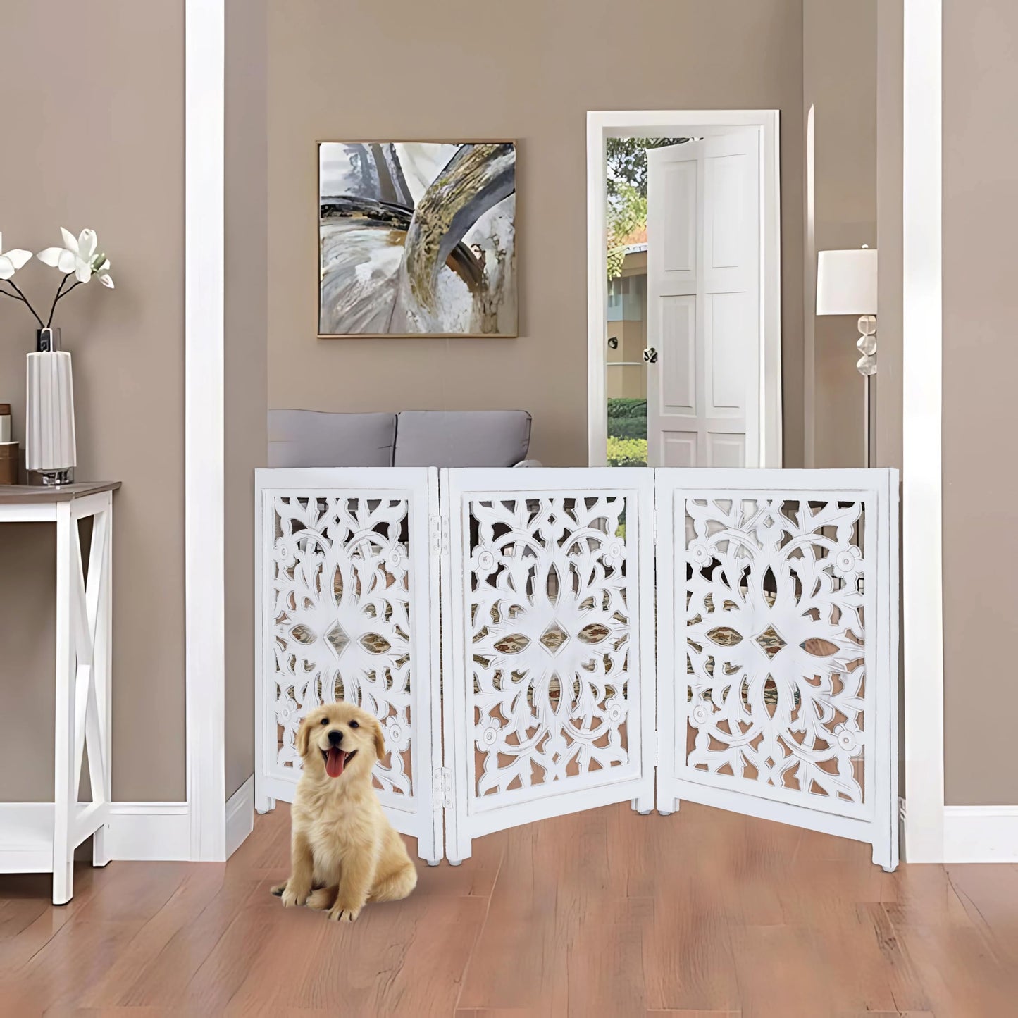 Lightnpro Foldable Carved Wooden Dog Gate - Freestanding 3-Panel Pet Barrier for Dogs - Decorative Walk-Over Fence for Stairs, Doorways & Hallways - Portable & Adjustable - Antique White (24x18 Inch)