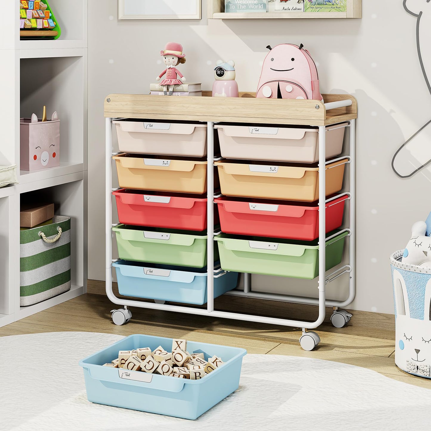 10 Drawers Rolling Cart with Wooden Tabletop, Utility Storage Cart with Wheels, Art Supply Craft Organizer on Wheel with Metal Frame & Handles for Home Office School,Colorful