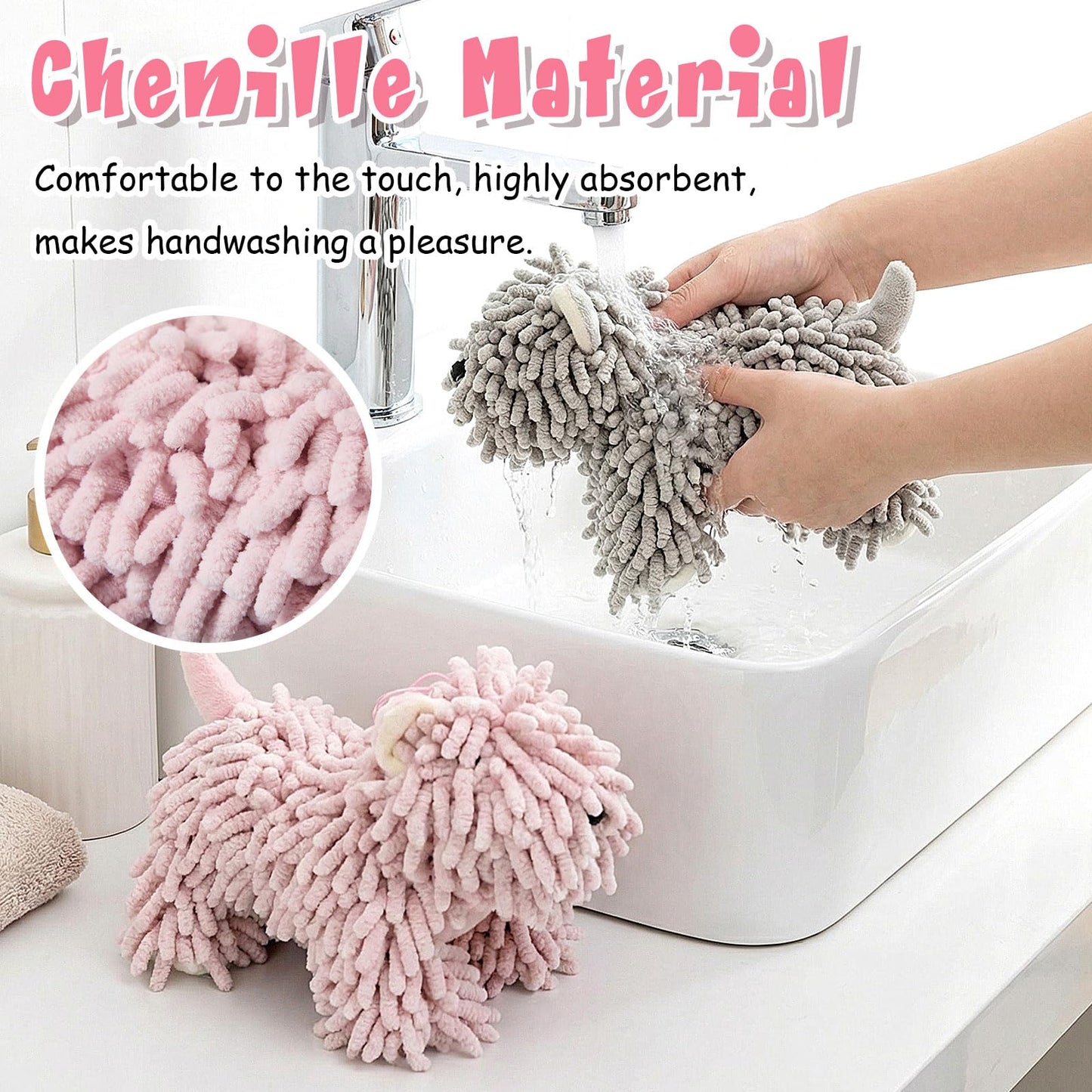 Tegeme 2 Pcs Chenille Dog Hand Towel Fuzzy Dog Towel Absorbent Microfiber Soft for Bathroom Kitchen Washstand (Grey Pink)