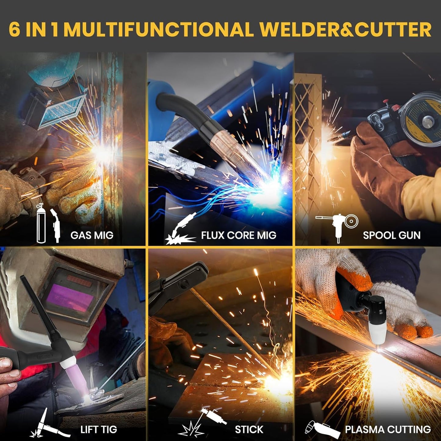 SSimder 6-in-1 MIG Welder & Plasma Cutter 160A Gas MIG/Flux Core/Lift TIG/Stick/Cut Combo 110V 220V 35A Air Cutting for Auto Repair DIY & Small Workshop