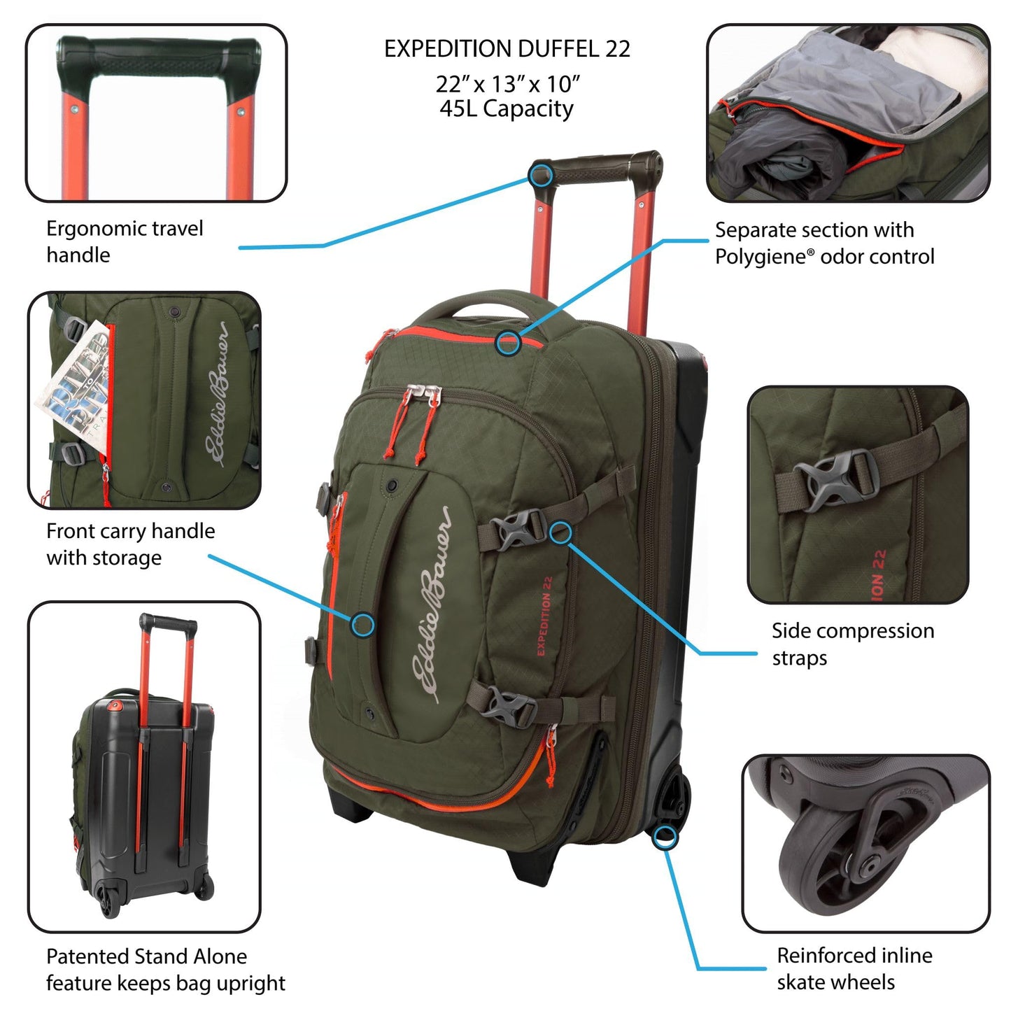 Eddie Bauer Expedition Rolling Duffel Bag with Wheels | Travel | Carry-On | Luggage | Rugged | Durable - Dark Thyme, 22"