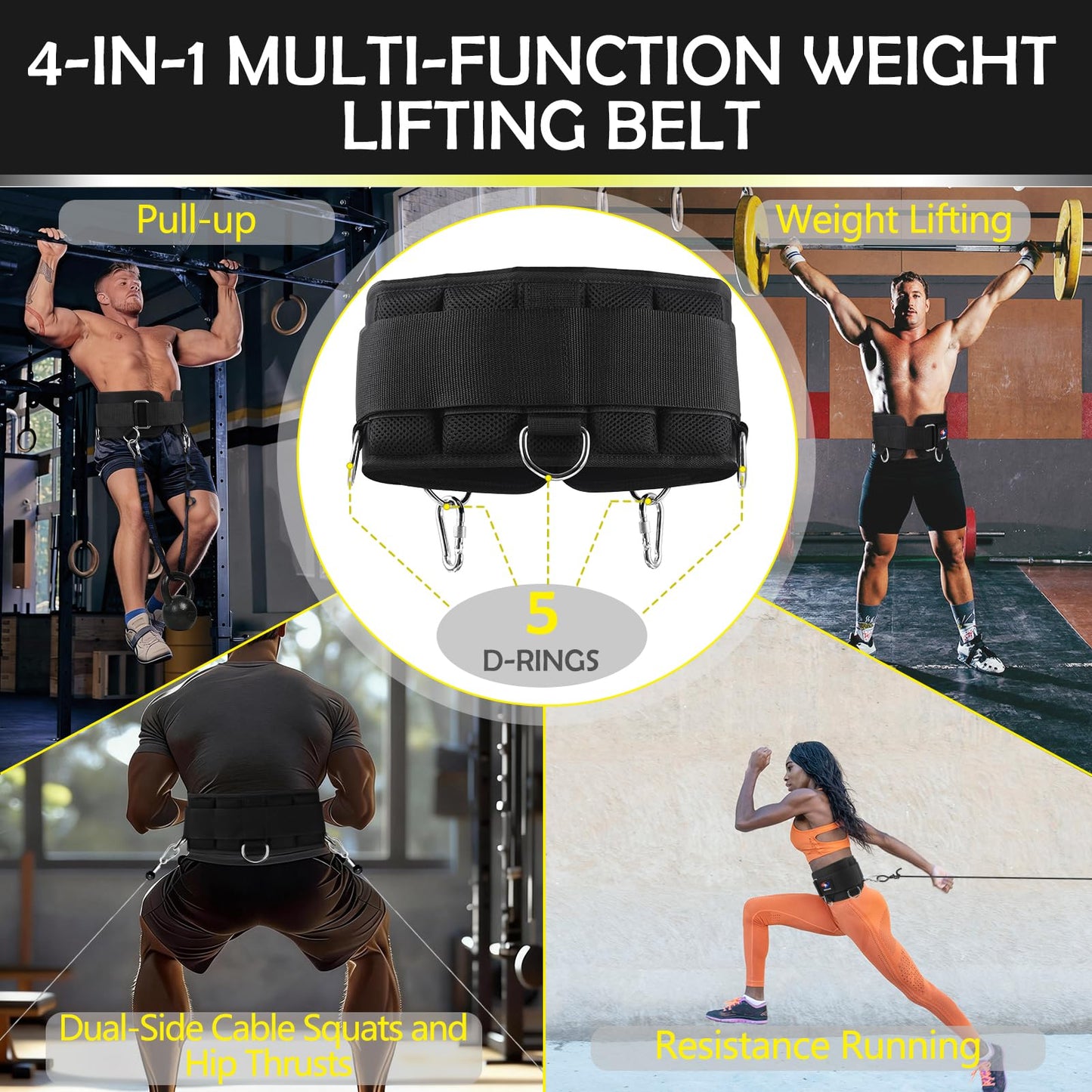 5 D-Rings Weightlifting Belt & Dip Belt with Adjustable 8- Loop Nylon Strap, Weighted Gym Belts for Pull Up, Dips,Squat, Powerlifting & Deadlift, Weight Lifting Belt with Structured Back Support