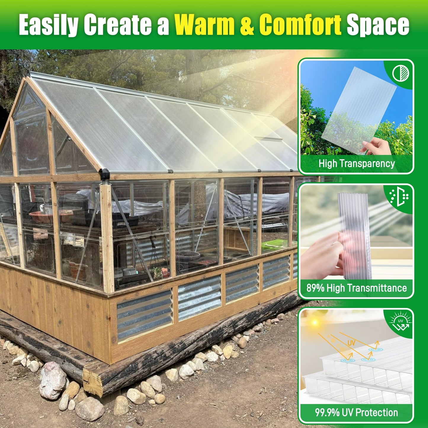 Sinimaka 15 Pack Polycarbonate Greenhouse Panels, 4' x 2' x 0.24'' Twin-Wall Polycarbonate Sheets, Greenhouse Replacement Panels All Weather Clear Roof Panels