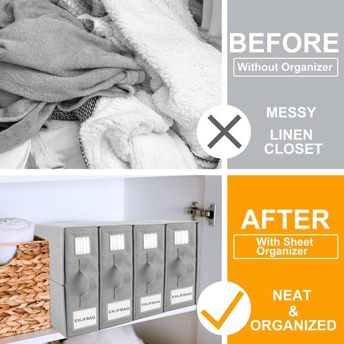 EXLIFBAG Sheet Organizers - Foldable Storage for Linen Closet | XL Queen & King Size Bedding Container, Gray