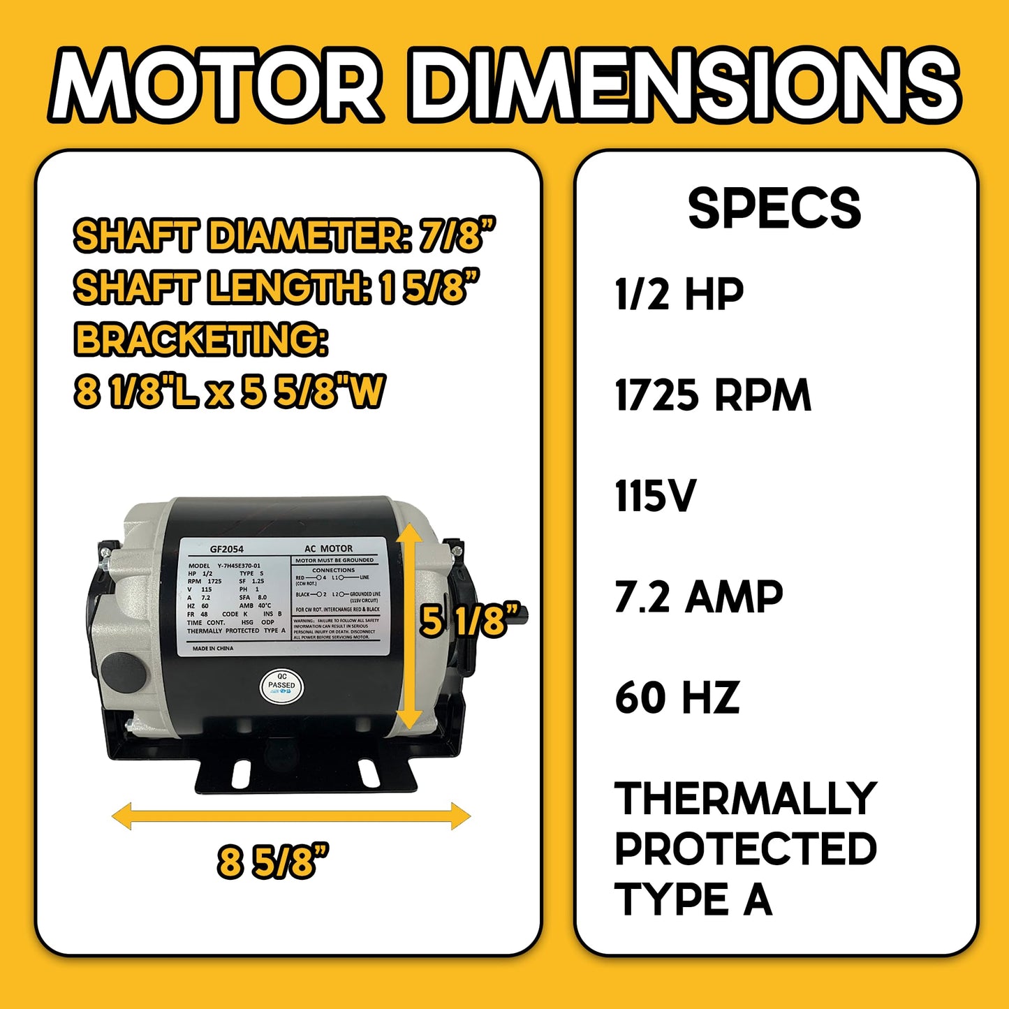 GF2054 1/2 HP Belt Drive Motor Compatible with AO Smith, Packard 45012, Emerson 8200, GE BF-4708, Universal 811, BALDOR RSP3451A, Dayton 4UE85 115 Volt 60Hz 1725RPM 48 Frame - 2 Year Warranty