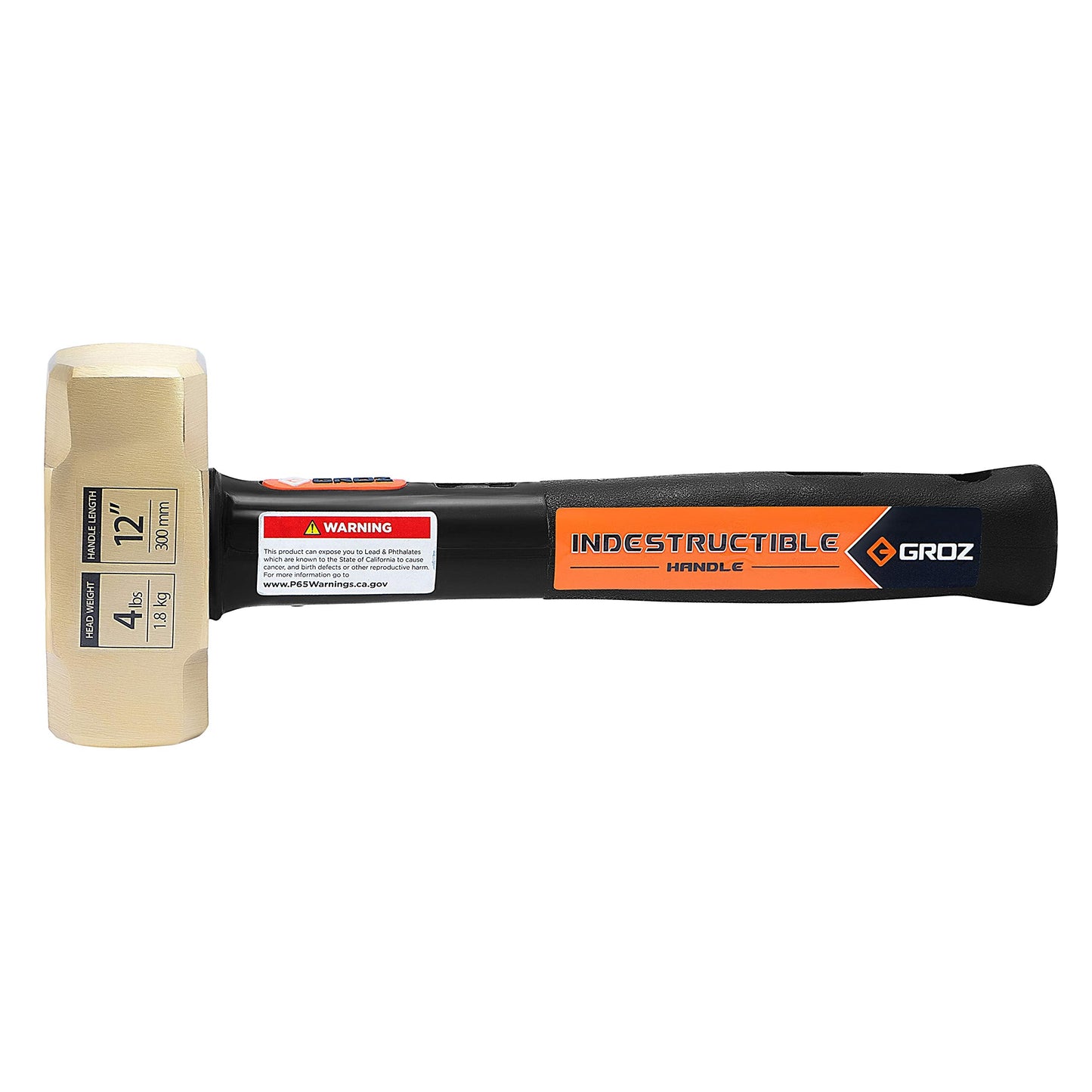 Groz Brass Head 4lb Sledge Hammer with 12-Inch Indestructible Handle | Mar Resistant Head | Steel Locking Plate | Vulcanized Rubber Handle | Spark Resistant (34702)