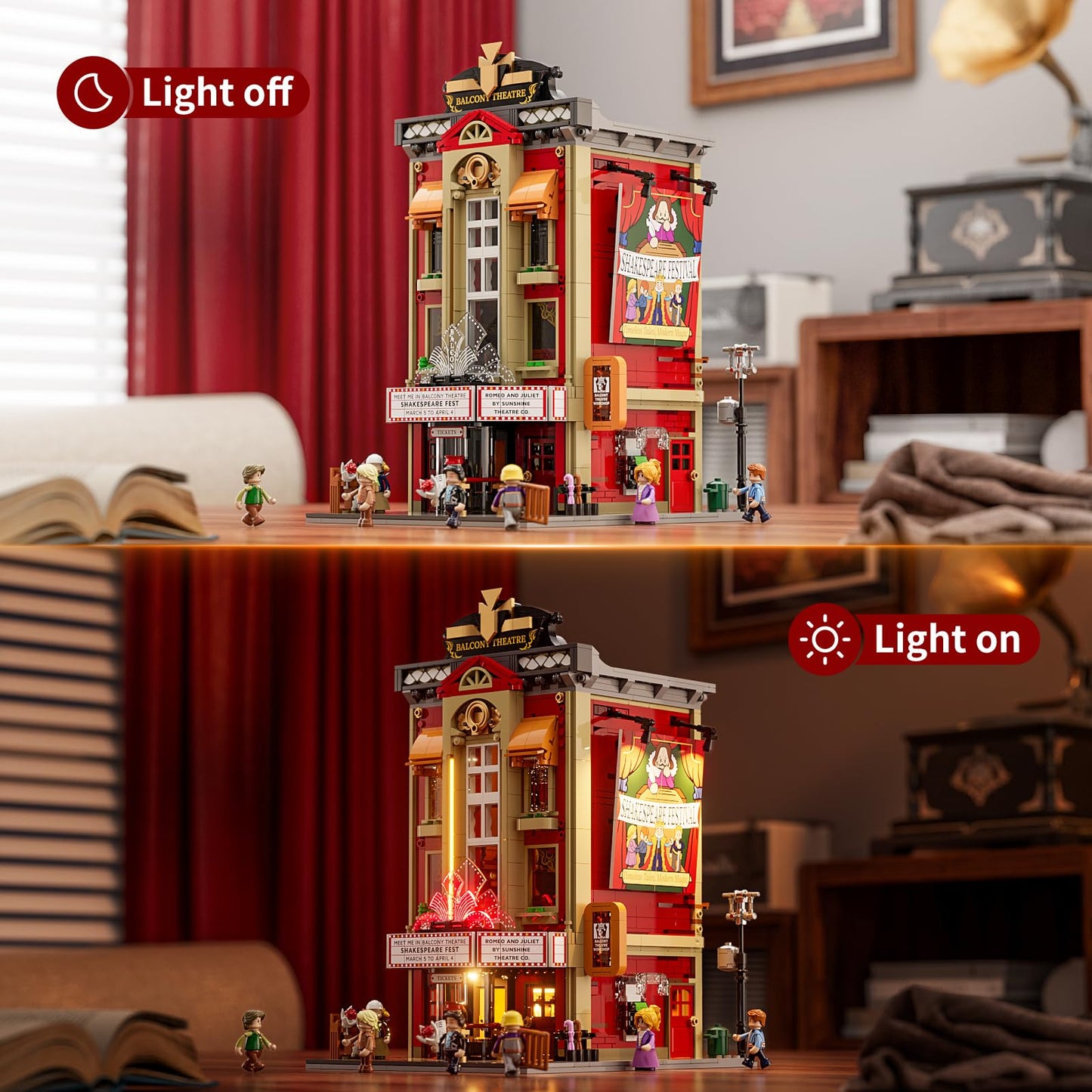 FUNWHOLE Balcony-Theatre Lighting Building-Bricks Set - City Town Creator House with LED Light Multi-Form Modular Collectible Display Kit 2445 Pcs for Adults and Movie Lovers
