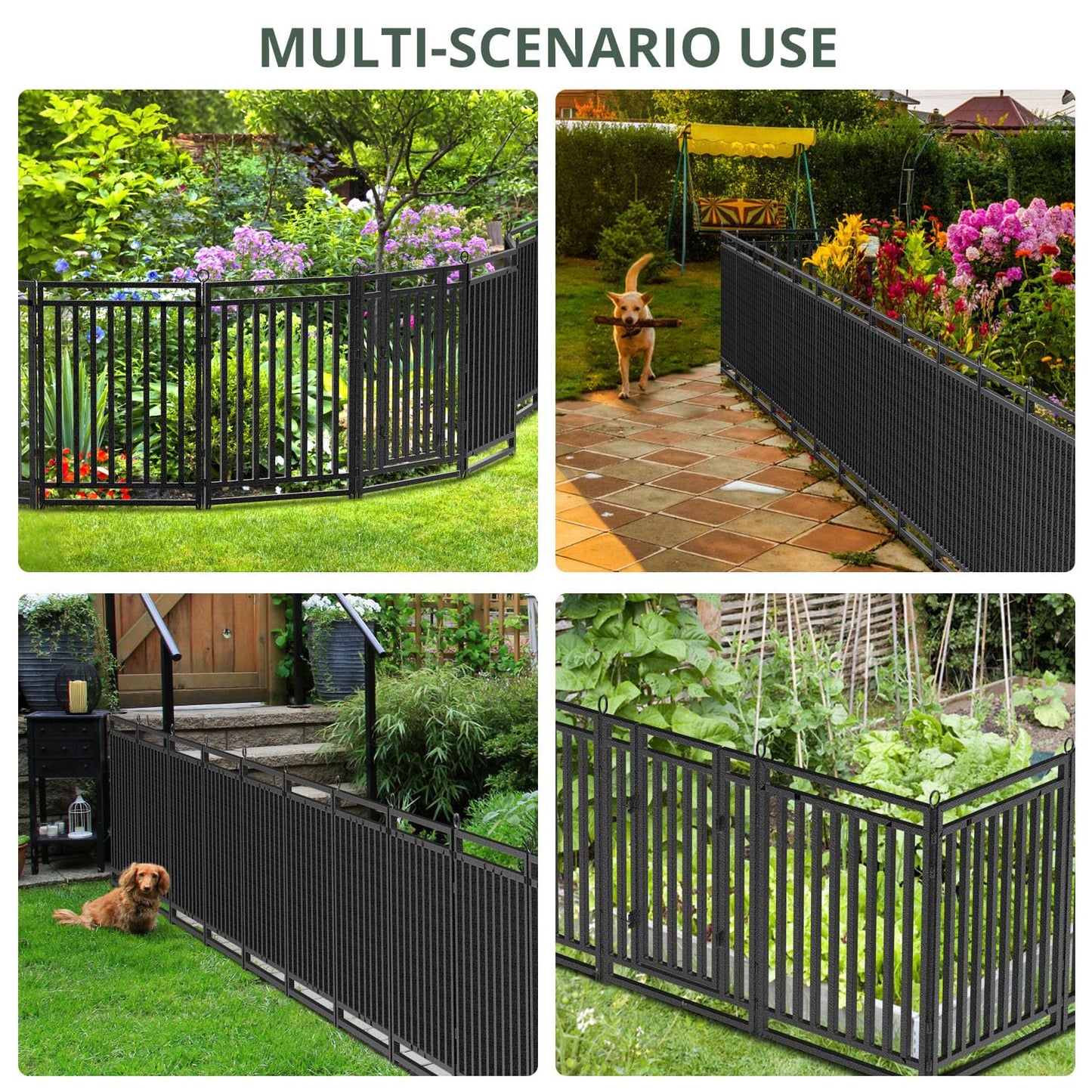 Decorative Garden Fence Metal Dog Fence Outdoor for Yard, 110ft (L) × 40in (H), 42 Panels + 6 Gates, Heavy Duty Animal Barrier Fencing for Patio & Flower Bed, No Dig, Black-Silver
