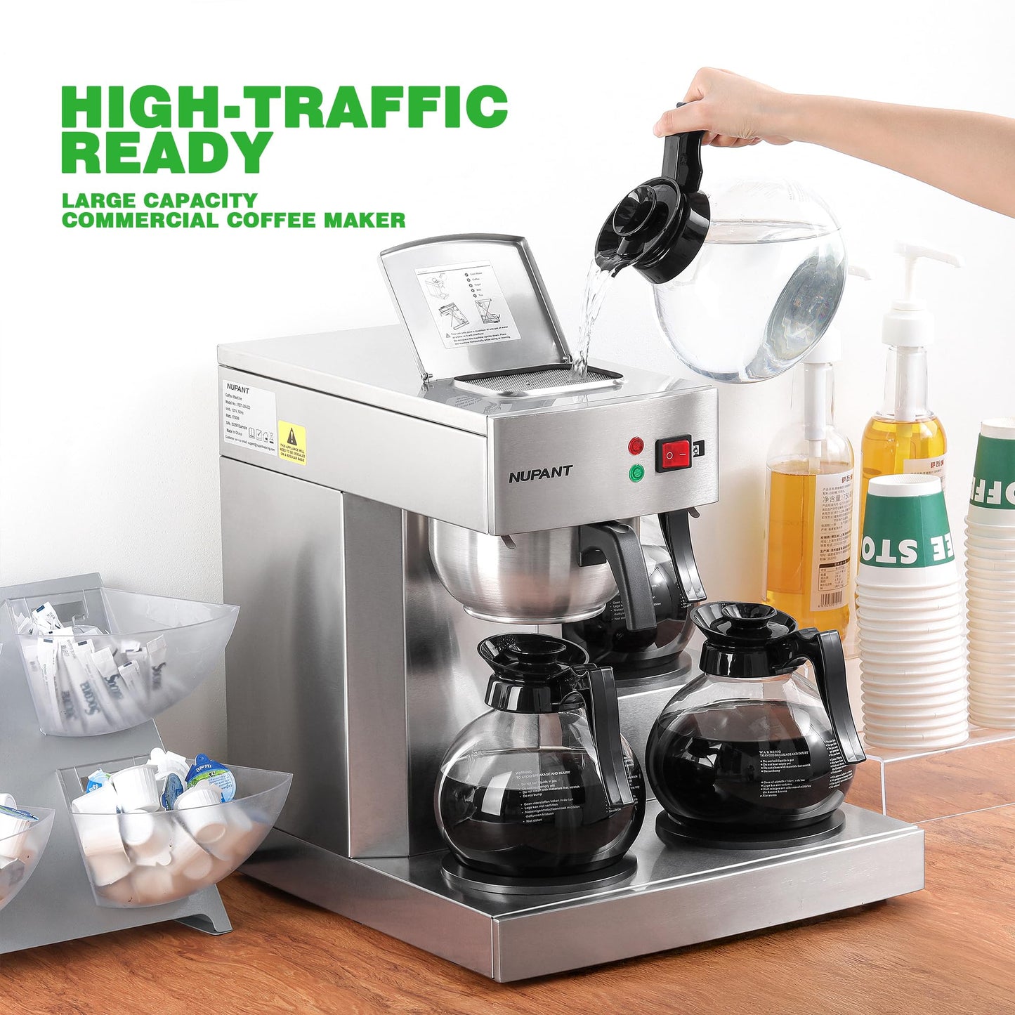 NUPANT 12 Cup Commercial Coffee Maker,Drip Coffee Maker Machine with 3 Warmers Plate and 3 Glass Decanters, Stainless Steel Pour Over Commercial Coffee Brewer for Restaurant, Office, Cafe Use