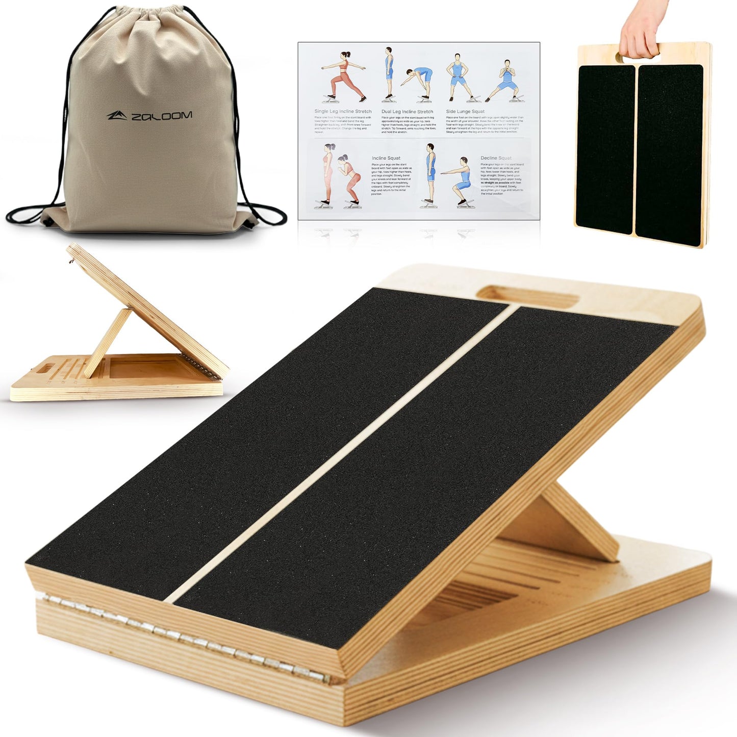 Zaloom Wooden Slant Board for Calf Stretching - 6 Adjustable Angles, 400 Lbs Capacity Calf Stretcher Slant Board for Squats, Knees, Ankle, Leg, Heel & feet, Squat Wedge & Physical Therapy Equipment