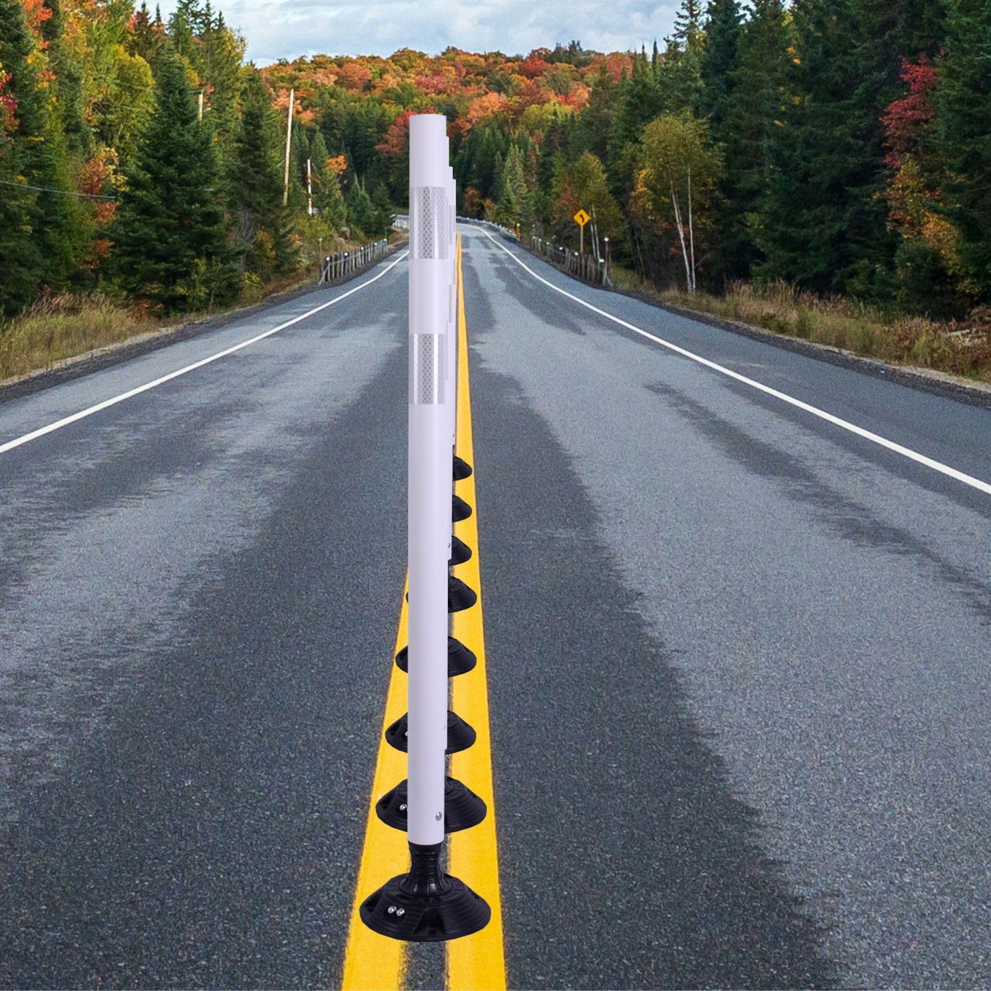 8 Pack Traffic Delineator Posts – High Visibility Reflective Safety Cones with Spring Base for Roadway, Parking, Garage, Construction Zones (White, 48 Inch)