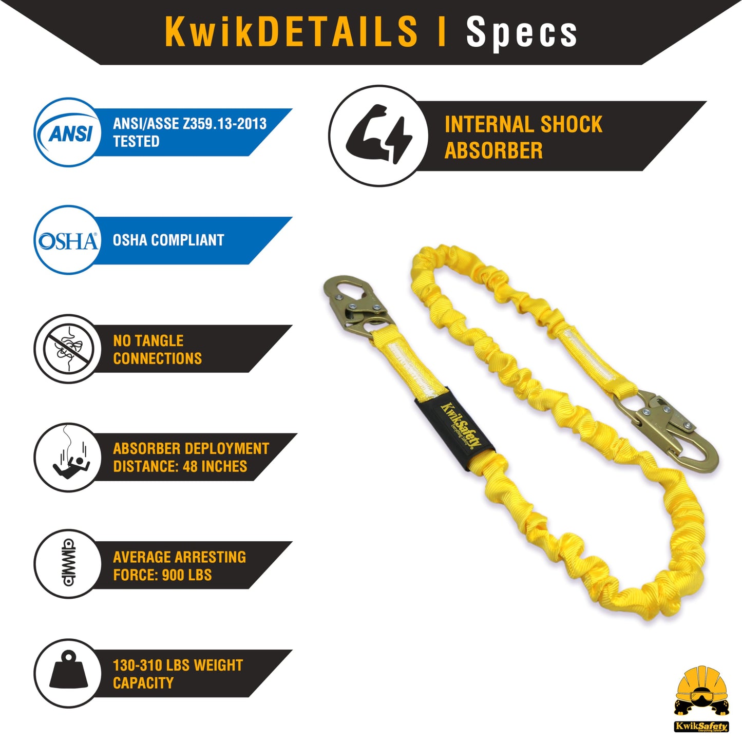 KwikSafety - Charlotte, NC - Rattler [4 Pack] Internal Shock Absorber Single Leg 6ft Safety Lanyard OSHA ANSI Fall Arrest Protection Equipment Snap Hooks Construction Arborist Roofing