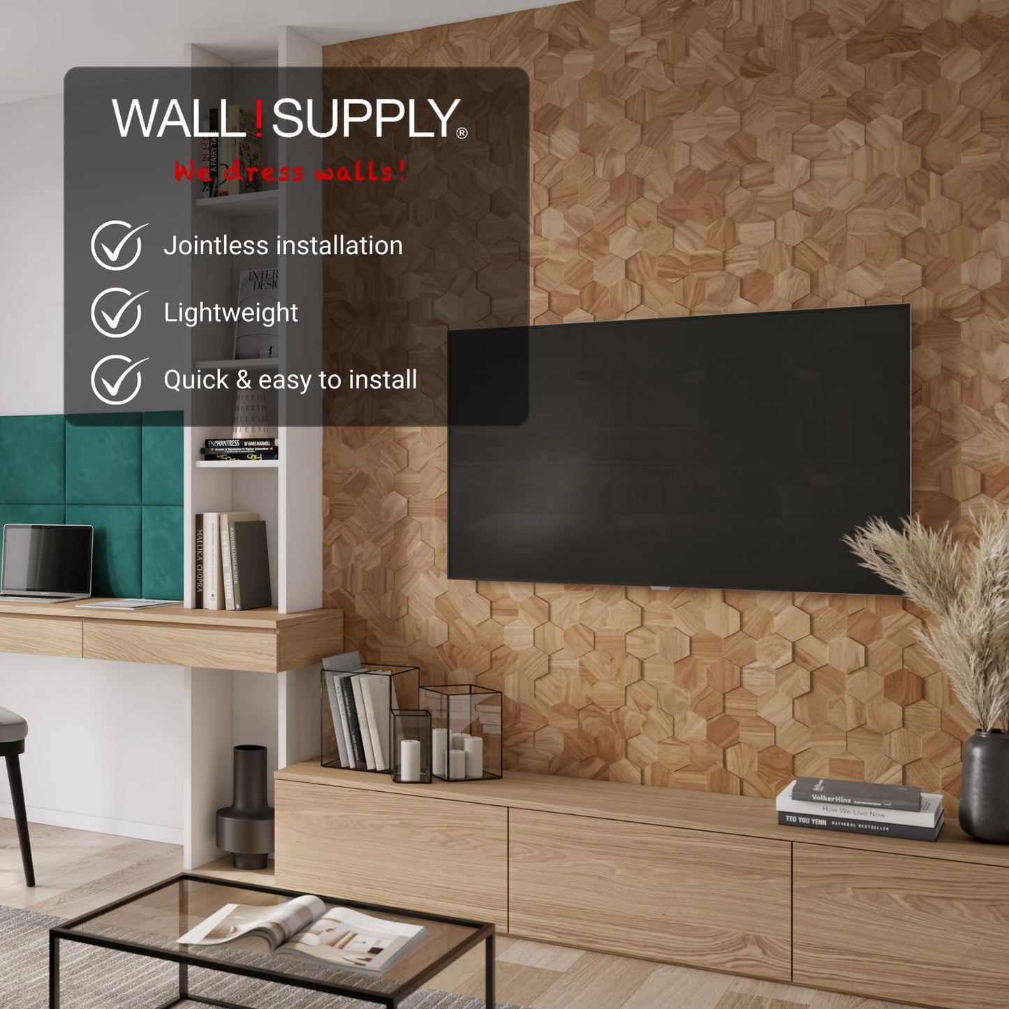 Wall!Supply 3D Wall Panels – Reclaimed Hexagon Asian Teak Wood in Natural – Home Decor Wallpaper Alternative for Living Room, Bedroom & Office – Easy DIY Installation – 25 Pack, Covers 10.5 Sq Ft