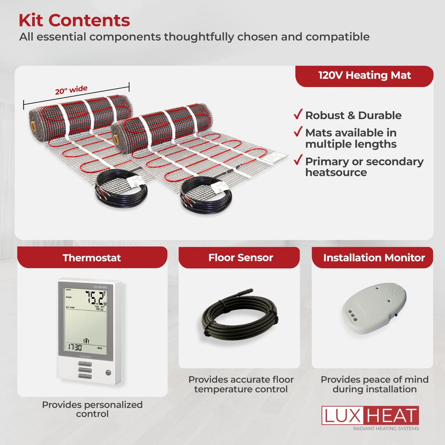 LuxHeat 130sqft Floor Heating Mat Kit – 120v Electric Radiant Heated Flooring System – Heated Flooring Under Tile & Laminate - Includes UDG Programmable Thermostat w/GFCI, Alarm & Sensor