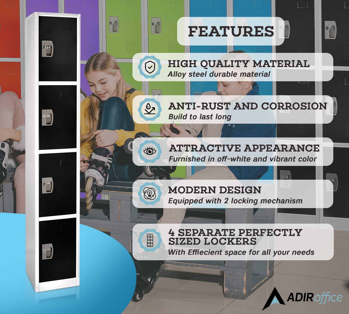 AdirOffice Large School Locker with 4 Doors 4 Hooks Storage Locker for Garage Storage - Office Storage Lockers (4 Door, Black)