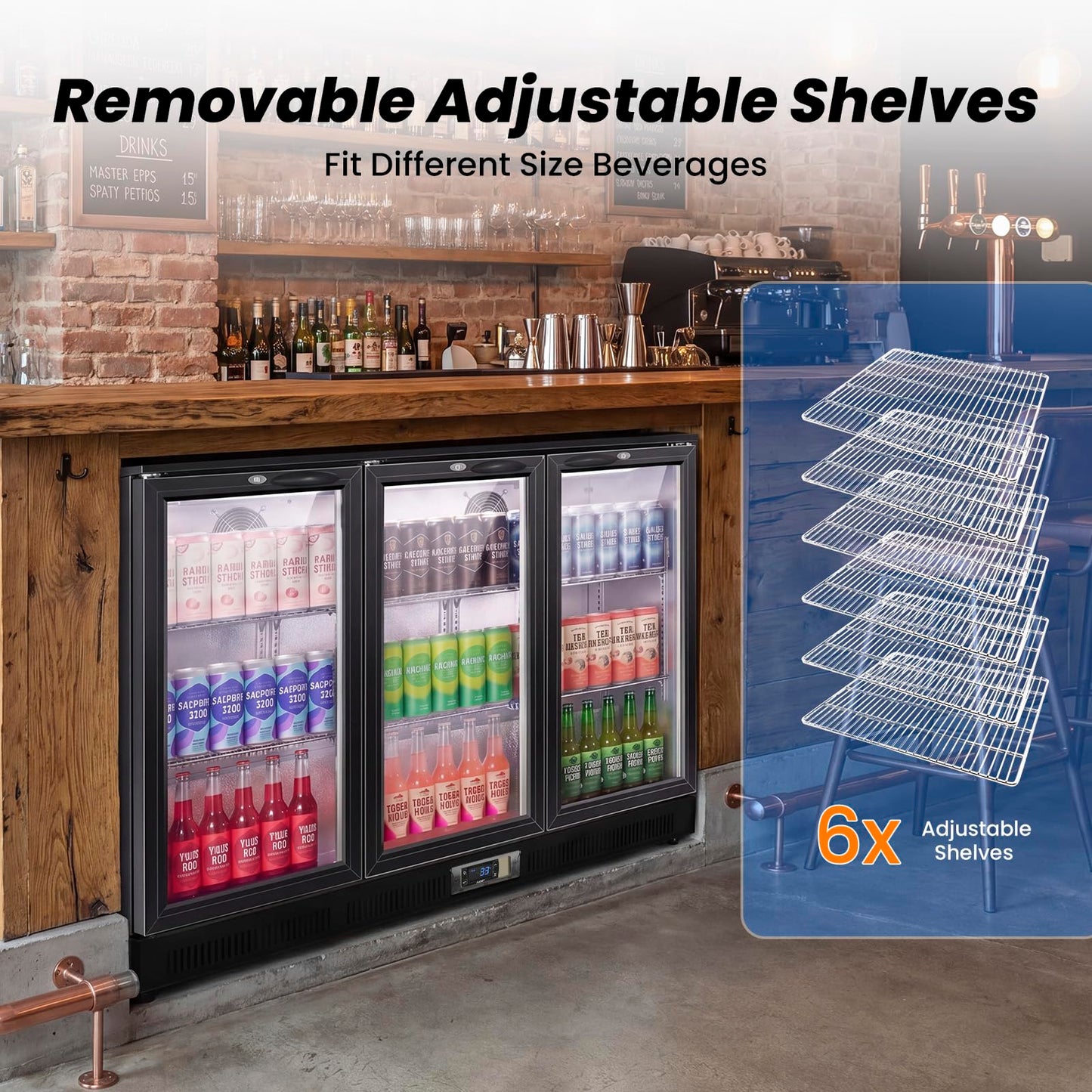 53.15" W Commercial Under Counter Beverage Refrigerator, 3 Glass Door Back Bar Cooler, Built-in/Freestanding 12Cuft Drink Fridge with LED Light, Auto Defrost, Low-E Glass & Safety Lock, Rebound door