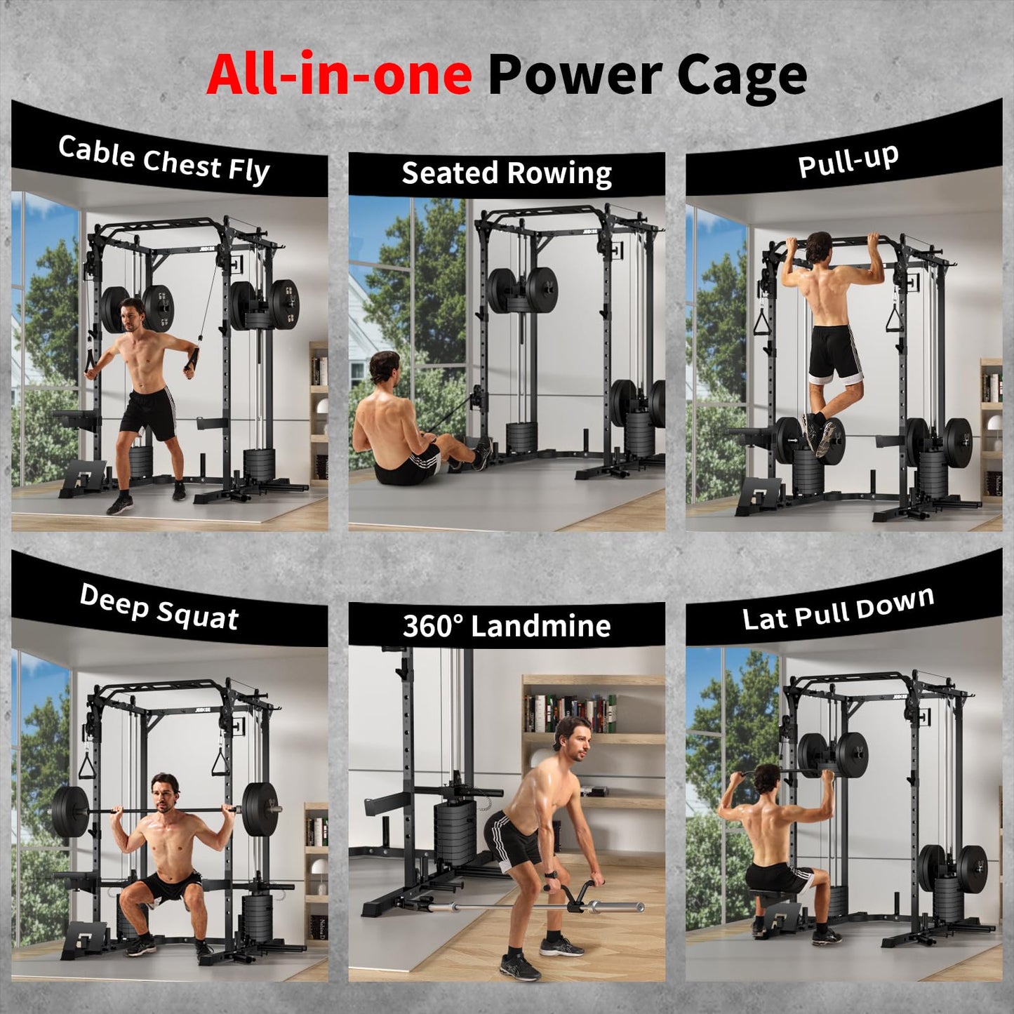 JEEKEE Power Cage with Cable Crossover System, 2200LB Heavy Duty Power Rack with Dual Pulley, 180LB Weight Stack, LAT Pulldown, 20+ Attachments for Home Gym,Black