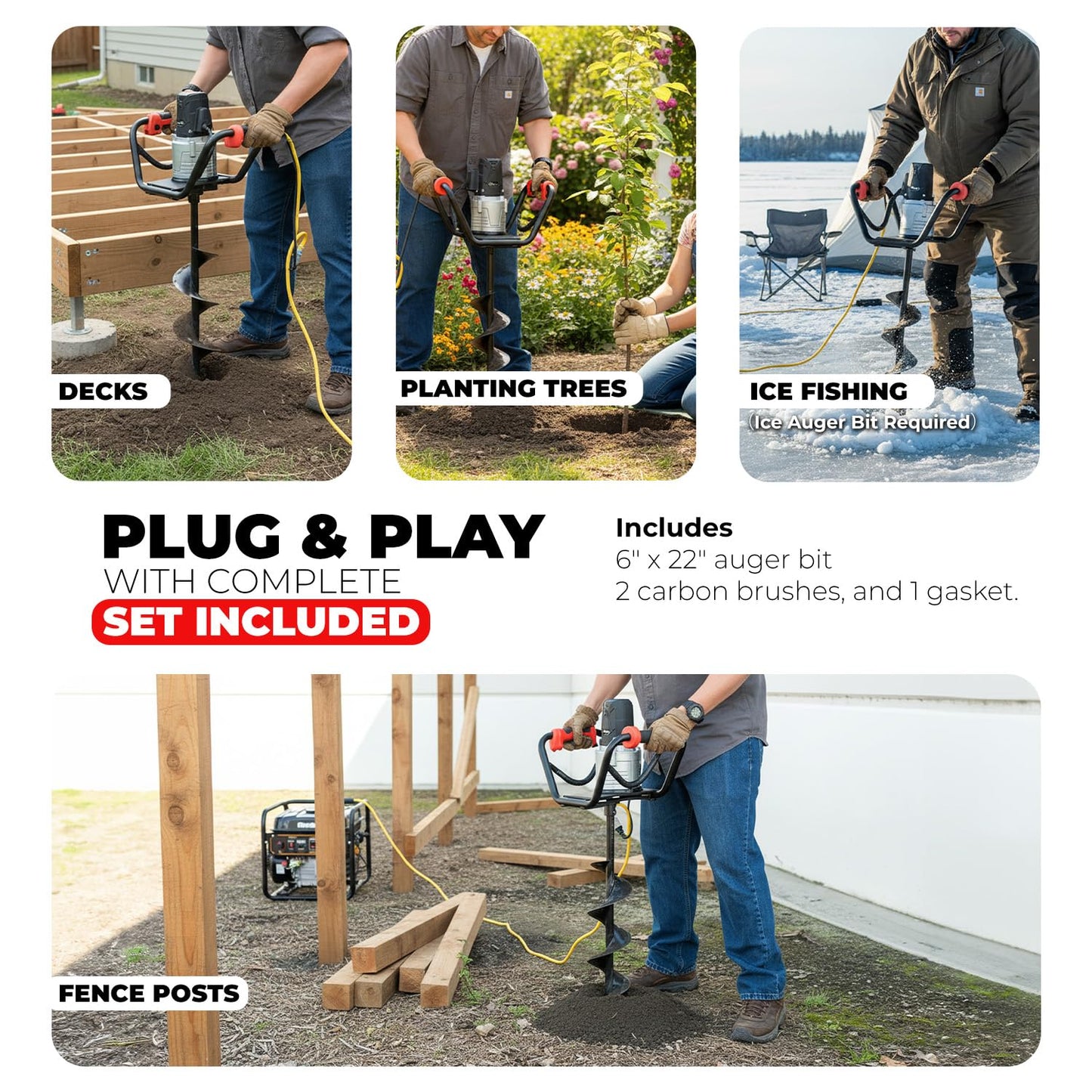 XtremepowerUS 1500W Electric Post Hole Digger Earth Auger Dig 3/4" Shaft Reverse Function Hole Fence Post, Tree Soil Planting Include 6" Dirt Auger Bit